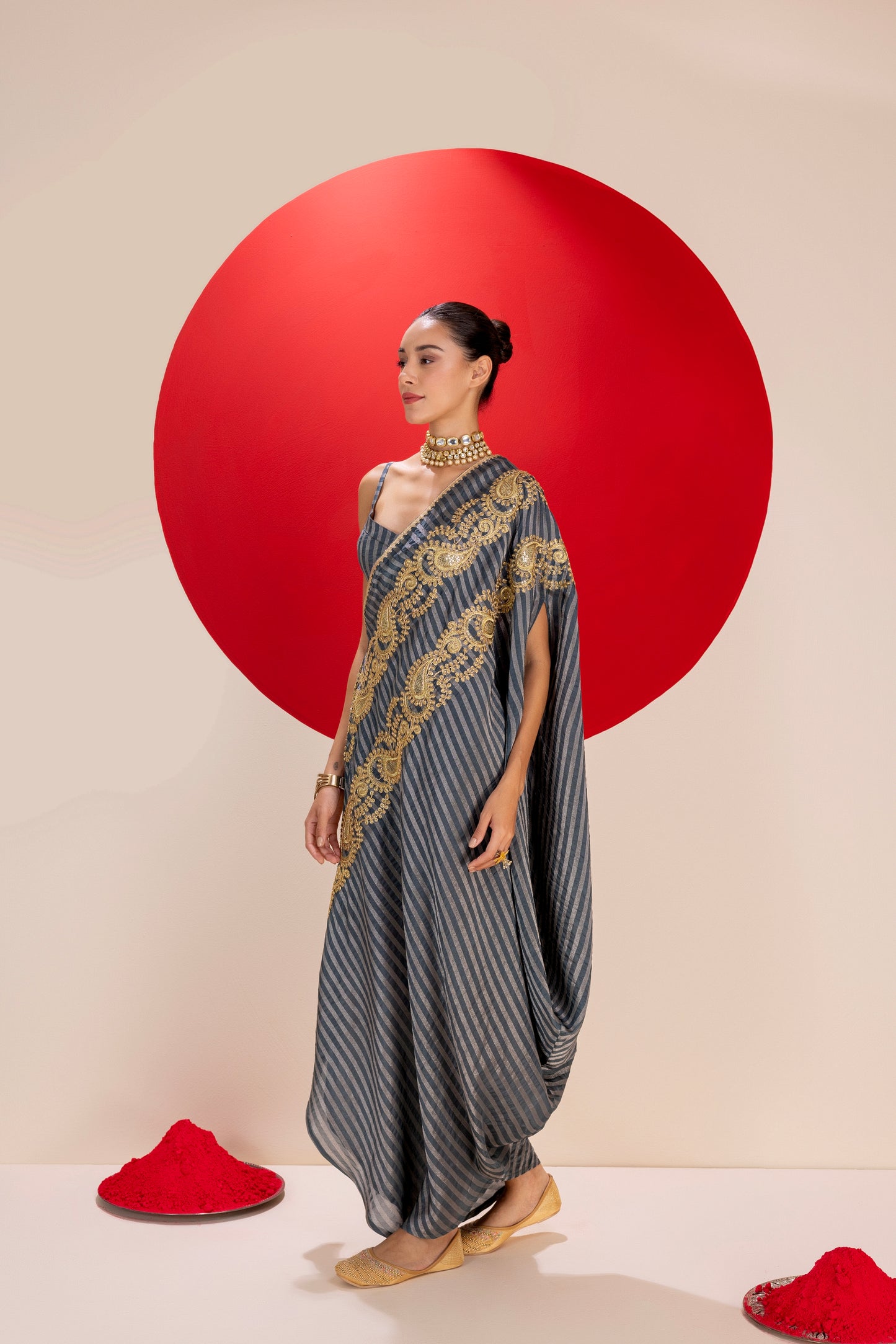 STONE GREY GOLD FUSION SAREE DRESS