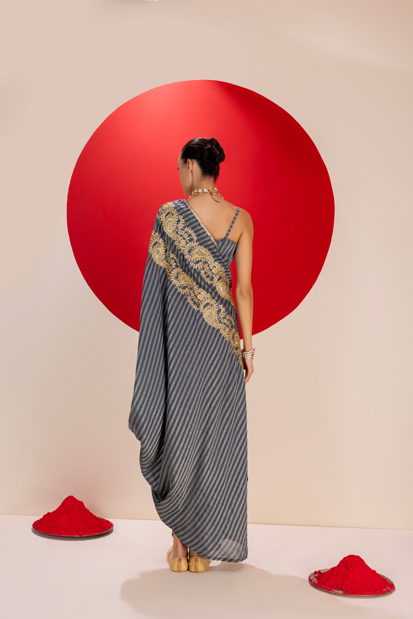 STONE GREY GOLD FUSION SAREE DRESS
