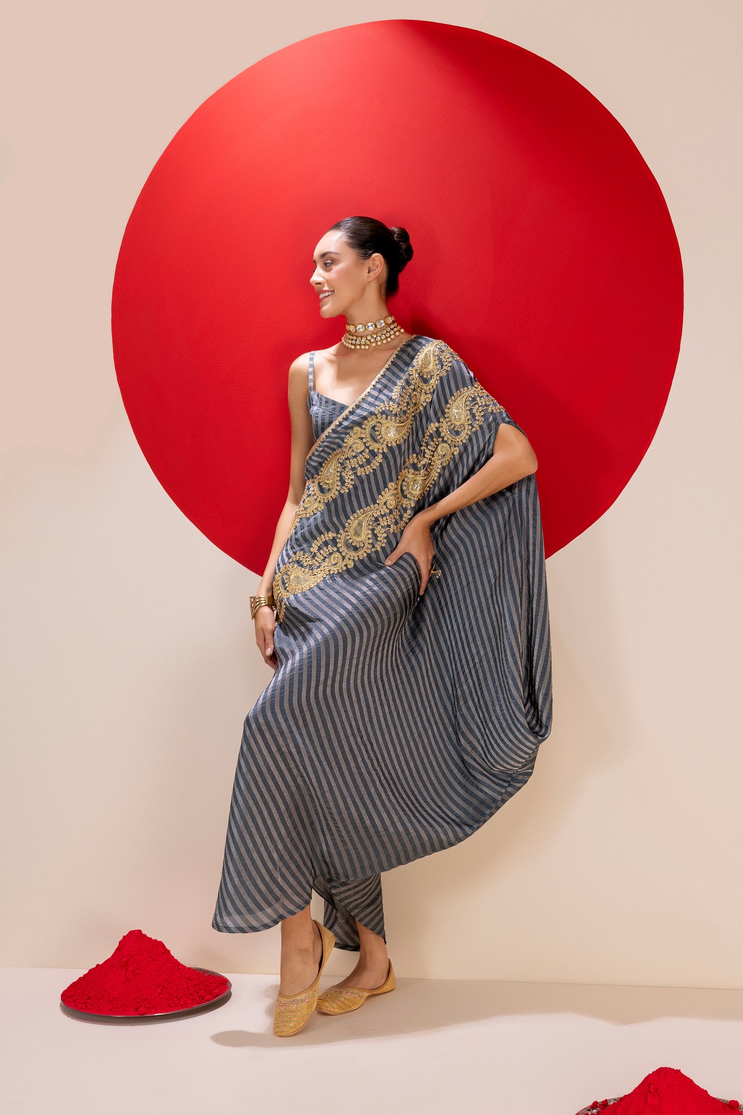 STONE GREY GOLD FUSION SAREE DRESS
