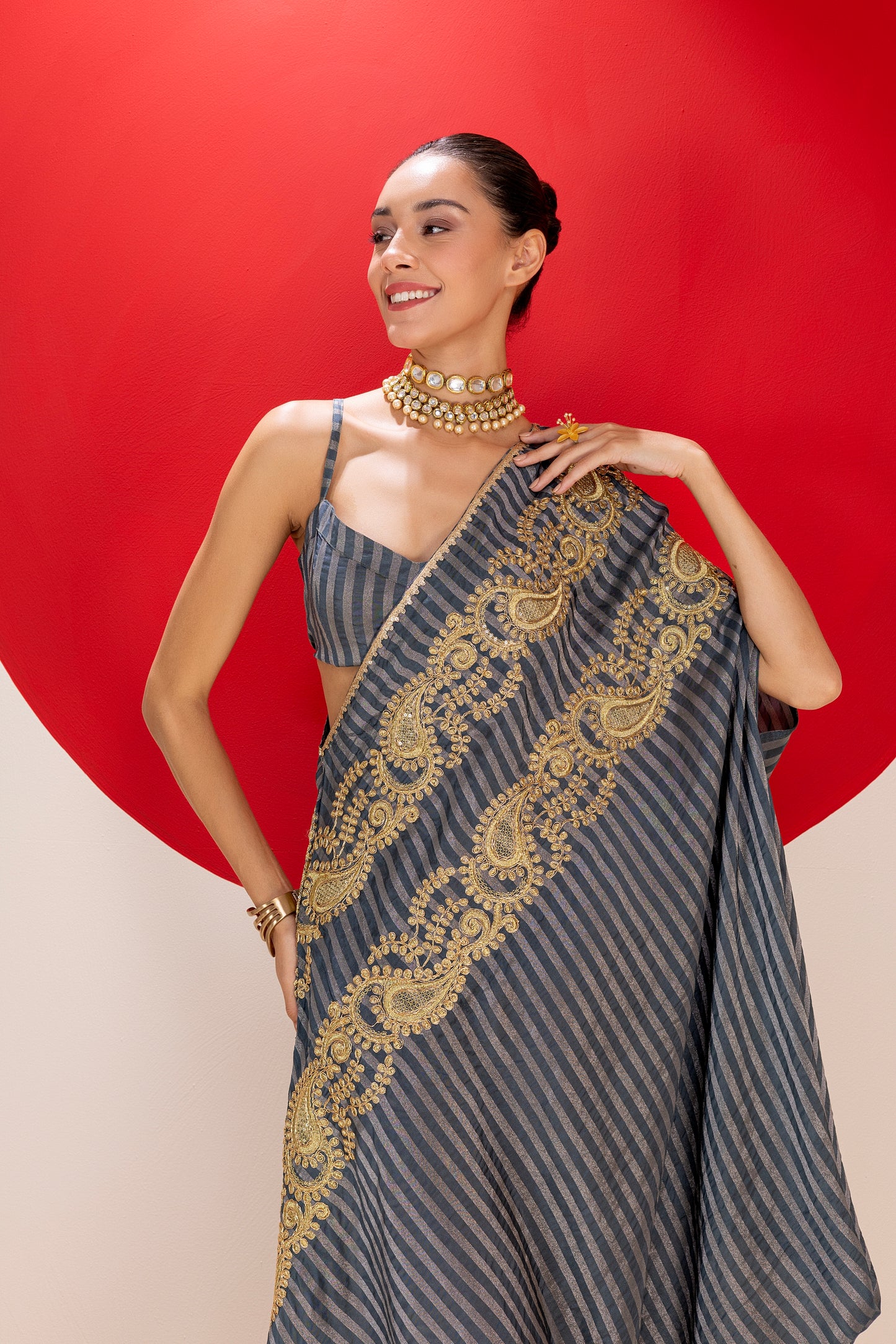 STONE GREY GOLD FUSION SAREE DRESS