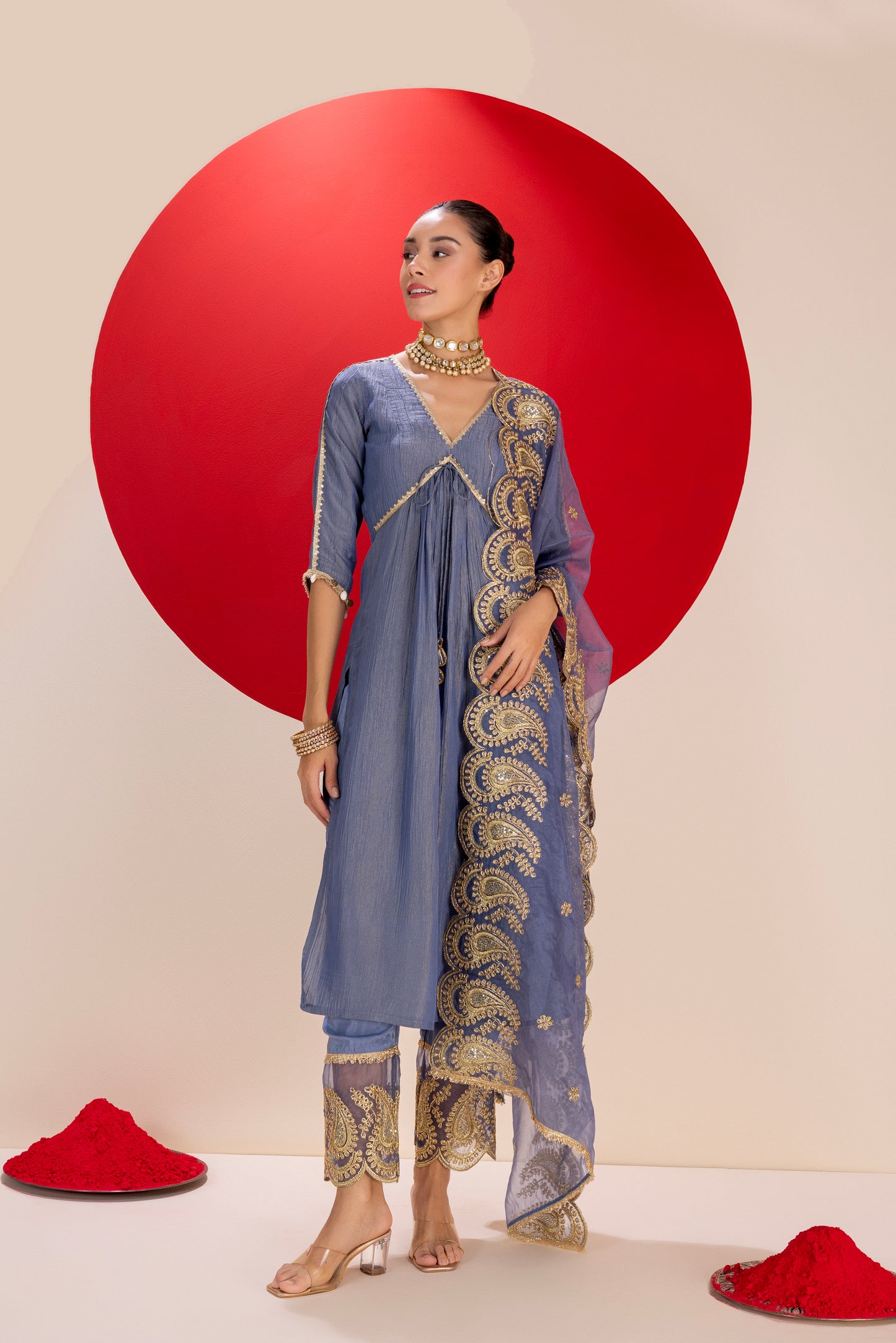 Midnight and Gold Tissue Embroidered Suit Set