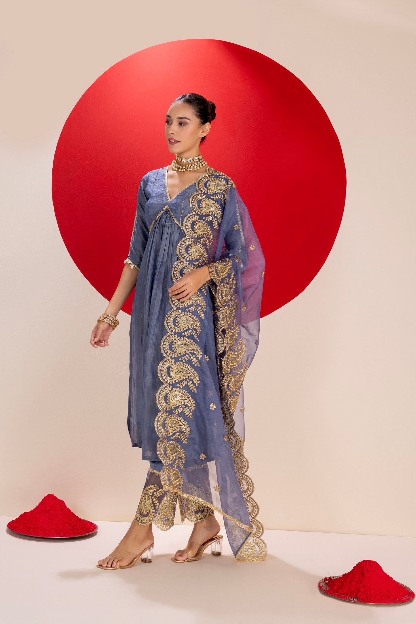 Midnight and Gold Tissue Embroidered Suit Set