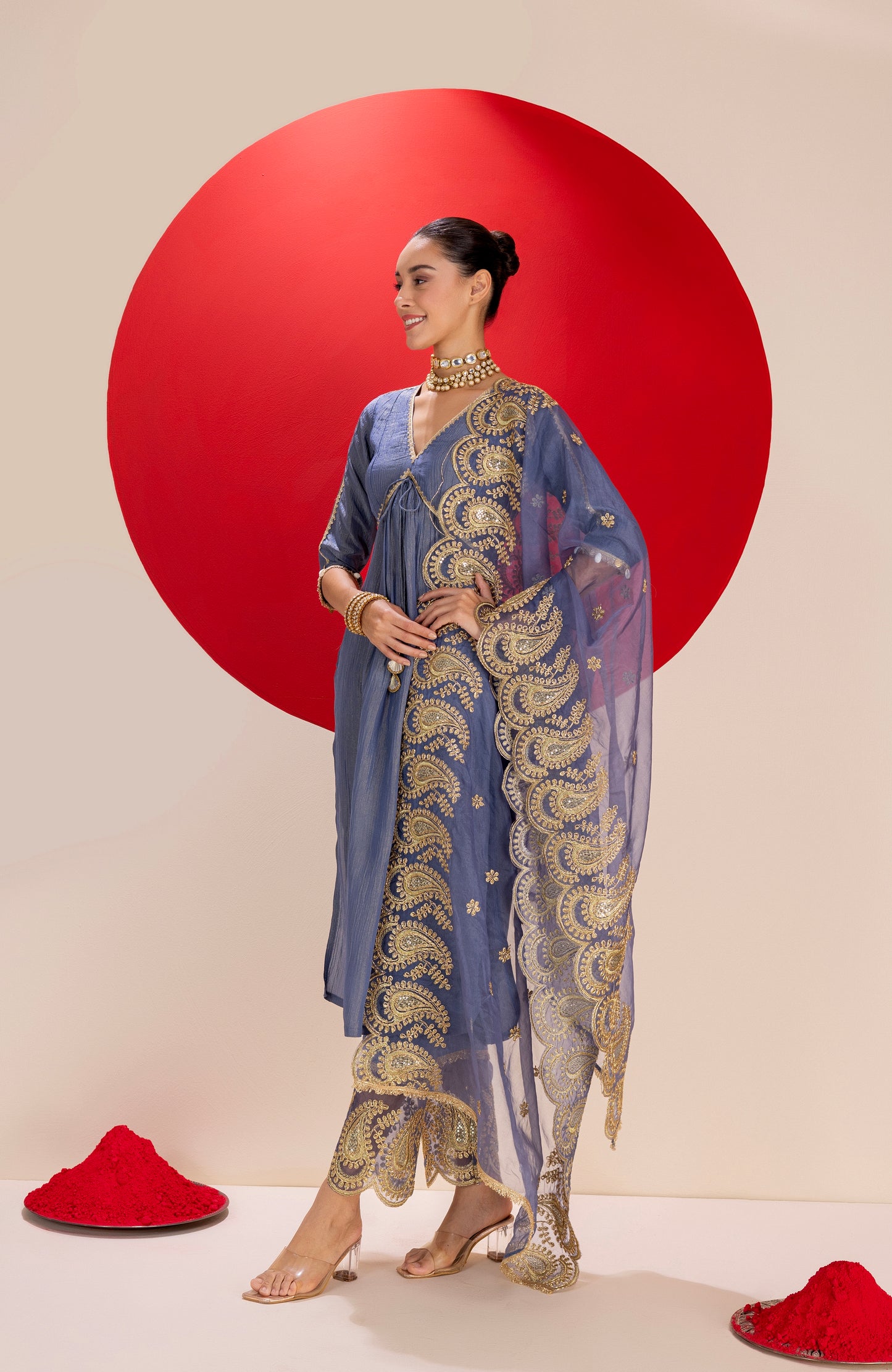 Midnight and Gold Tissue Embroidered Suit Set