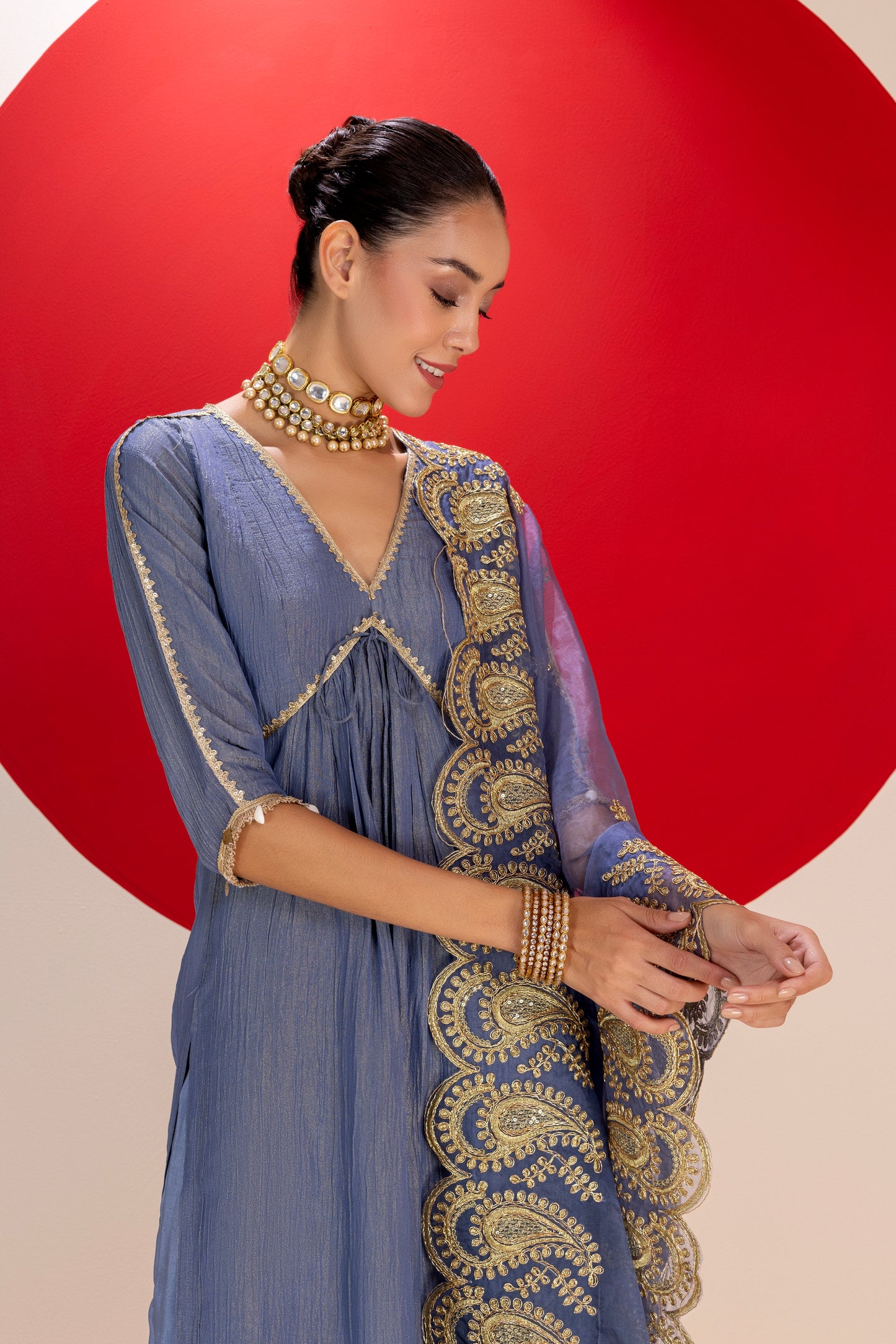 Midnight and Gold Tissue Embroidered Suit Set