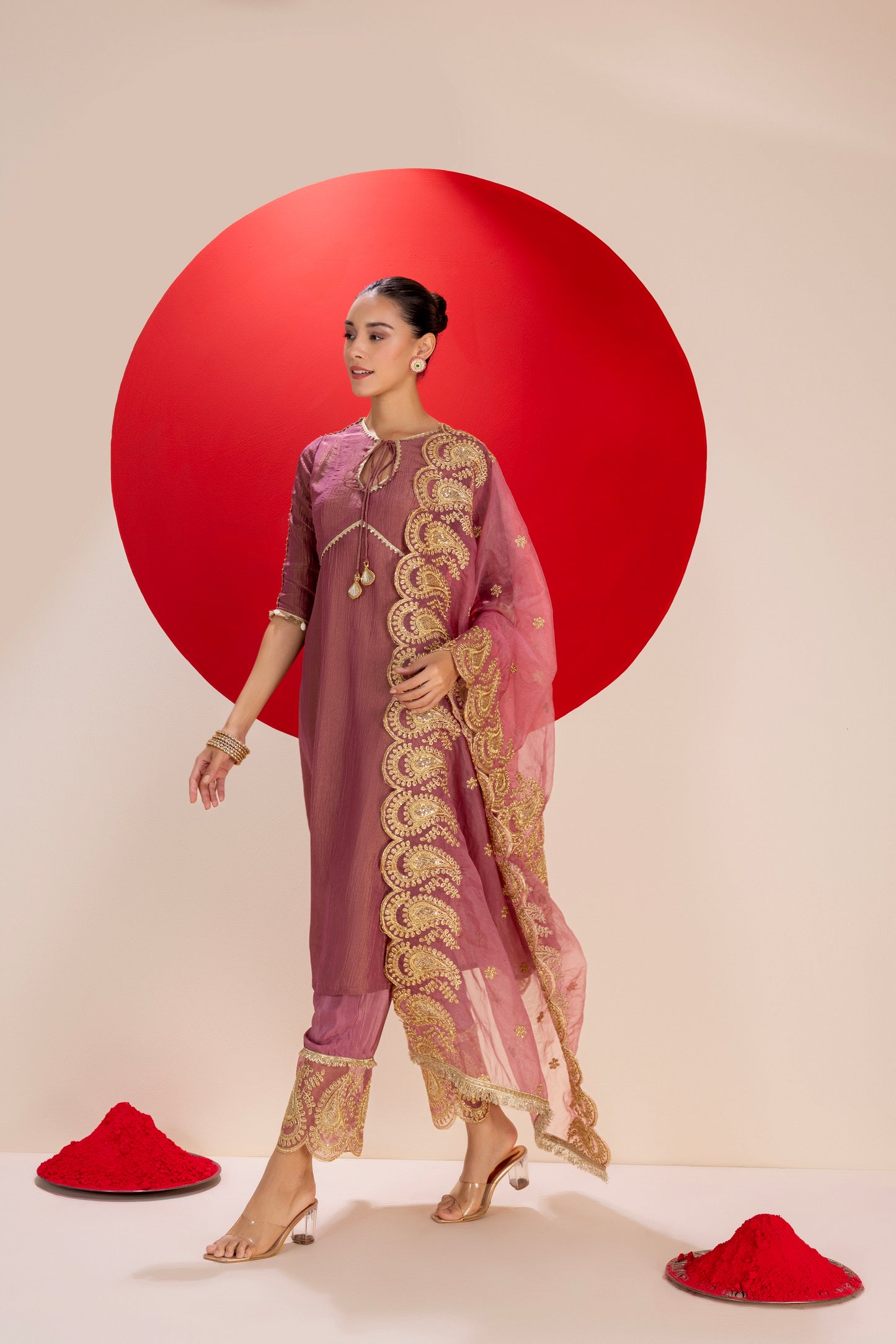 Mauve Pink and Gold Crinkled Tissue Suit Set