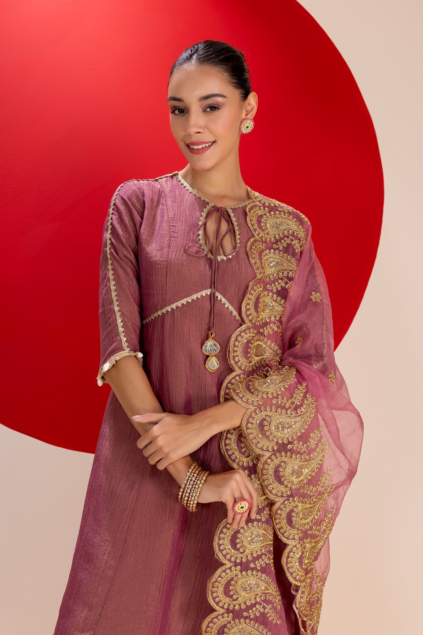 Mauve Pink and Gold Crinkled Tissue Suit Set