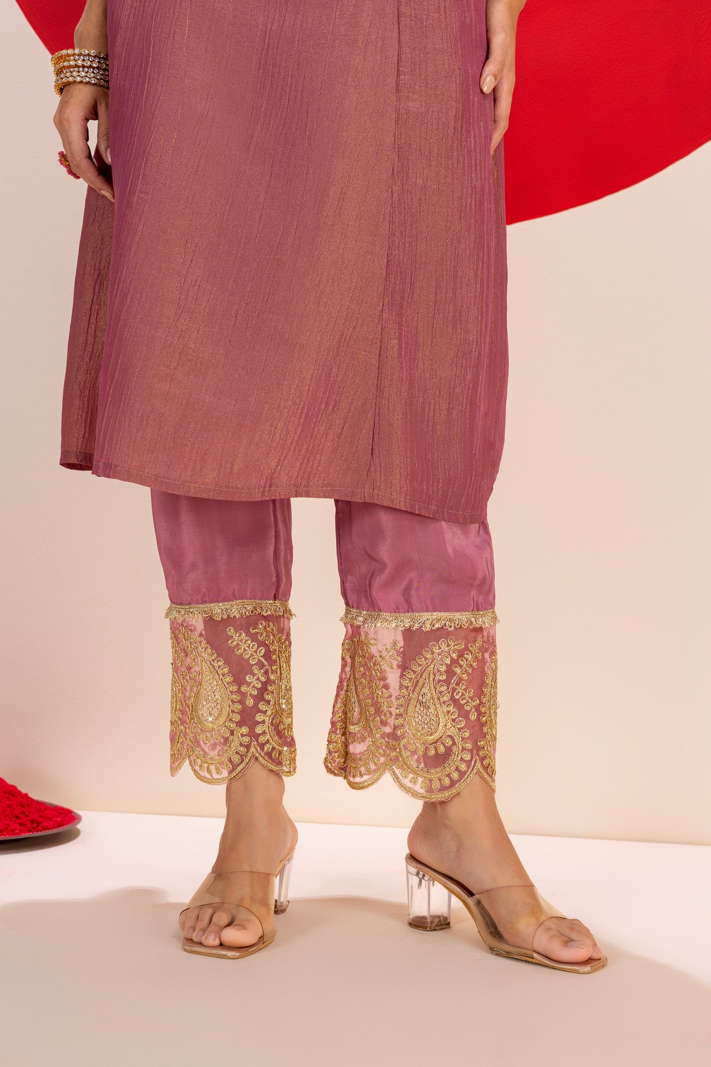 Mauve Pink and Gold Crinkled Tissue Suit Set