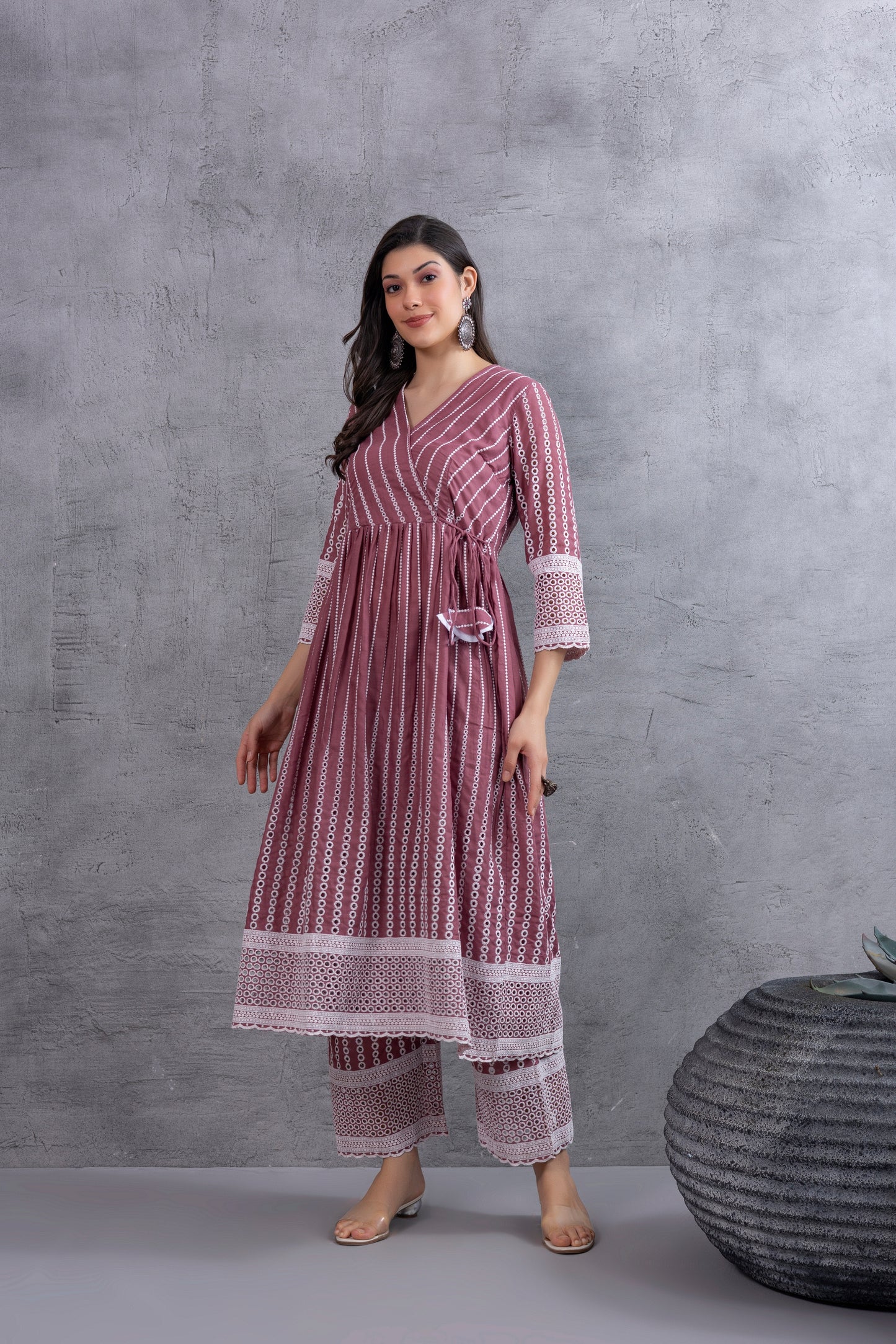 Dusty Pink Angrakha Style Chikankari Kurta set