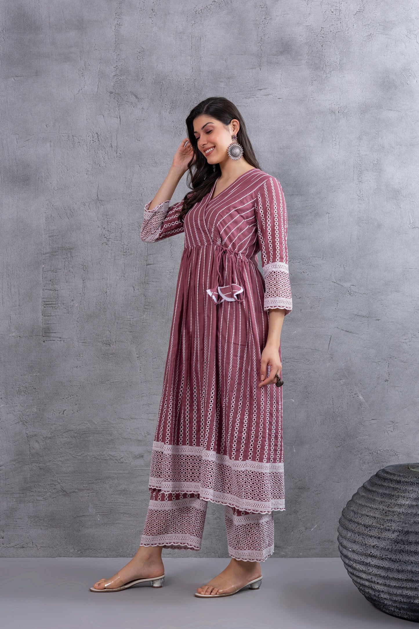 Dusty Pink Angrakha Style Chikankari Kurta set