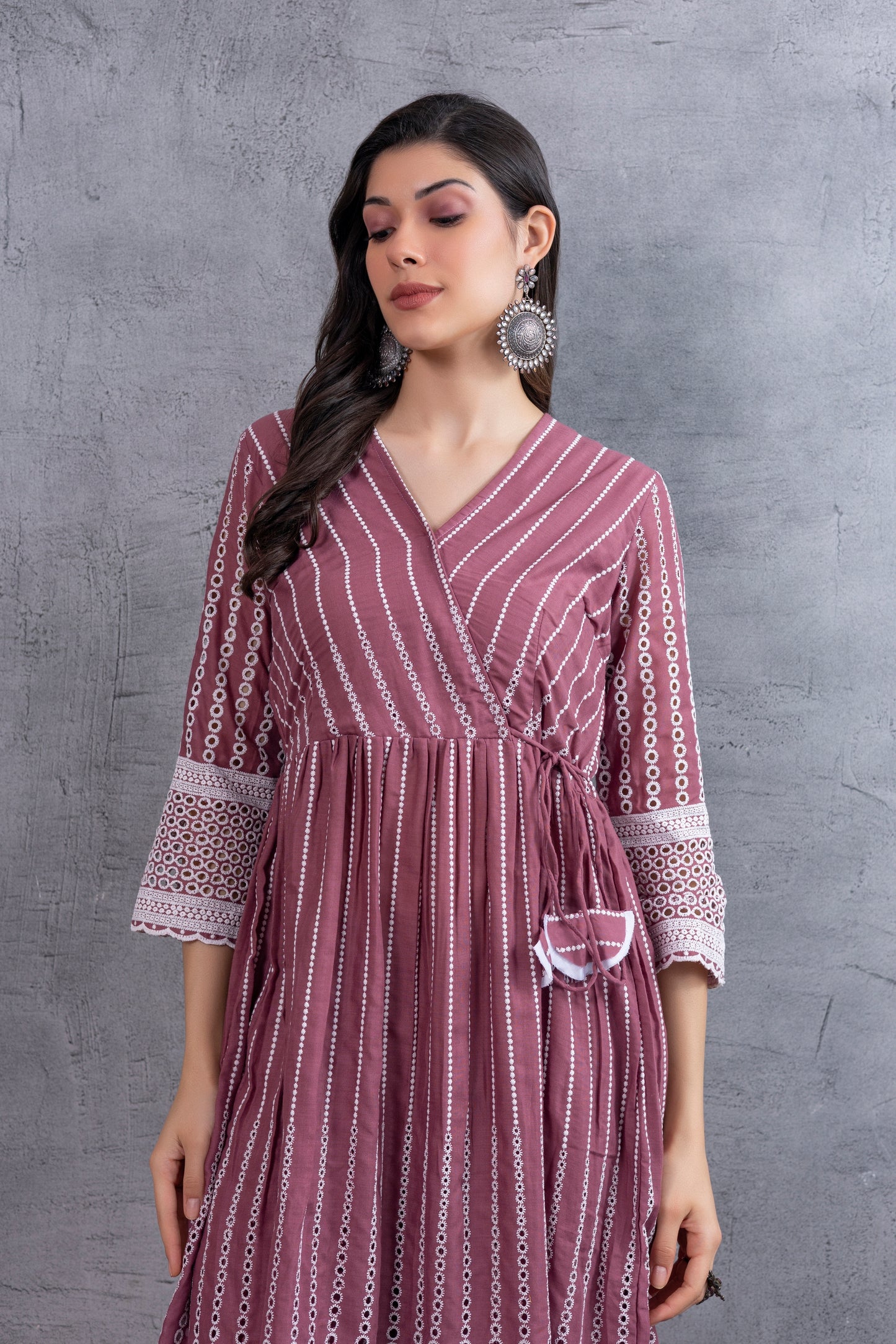 Dusty Pink Angrakha Style Chikankari Kurta set