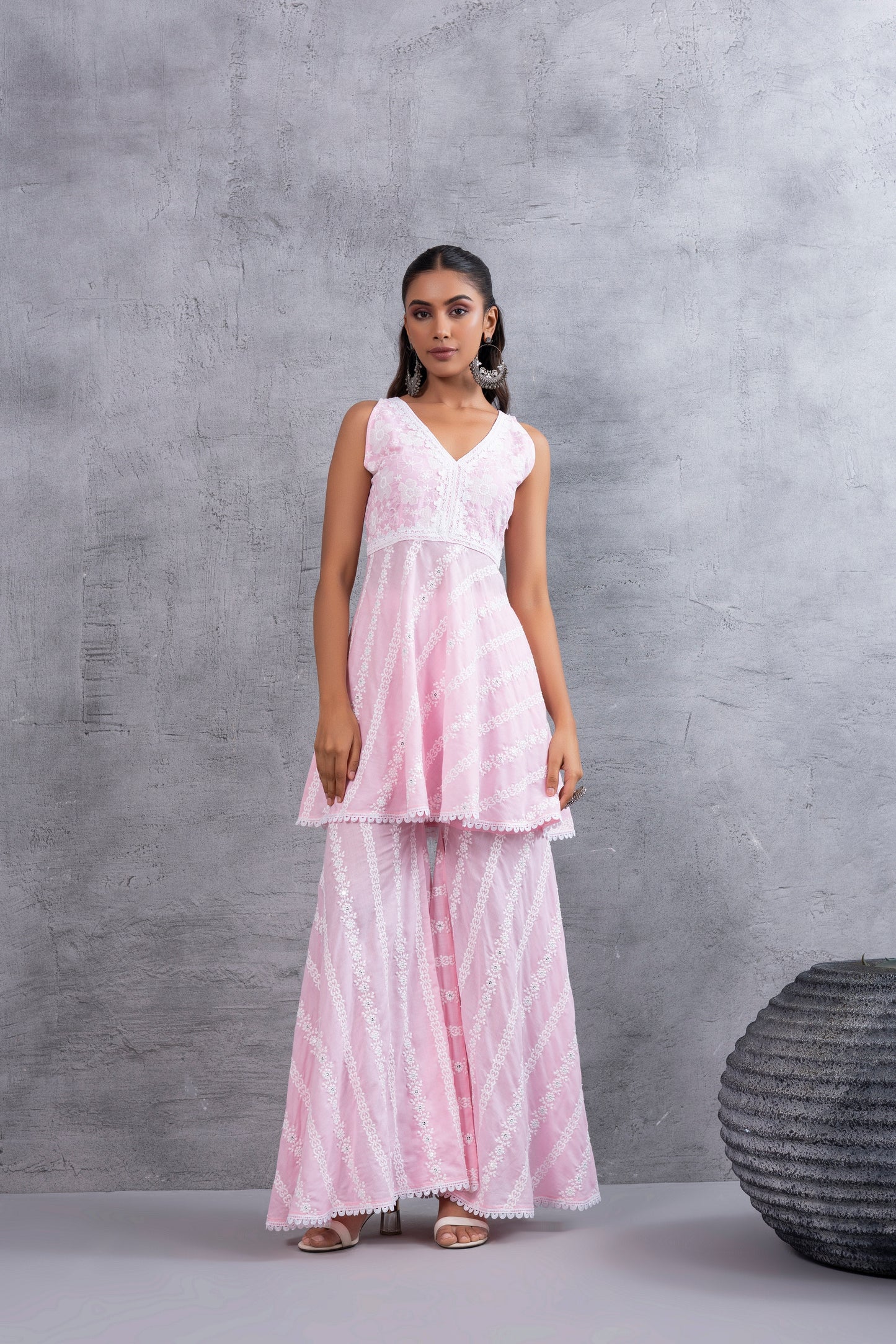 Baby Pink Floral Embroidered Bias CutKurta set