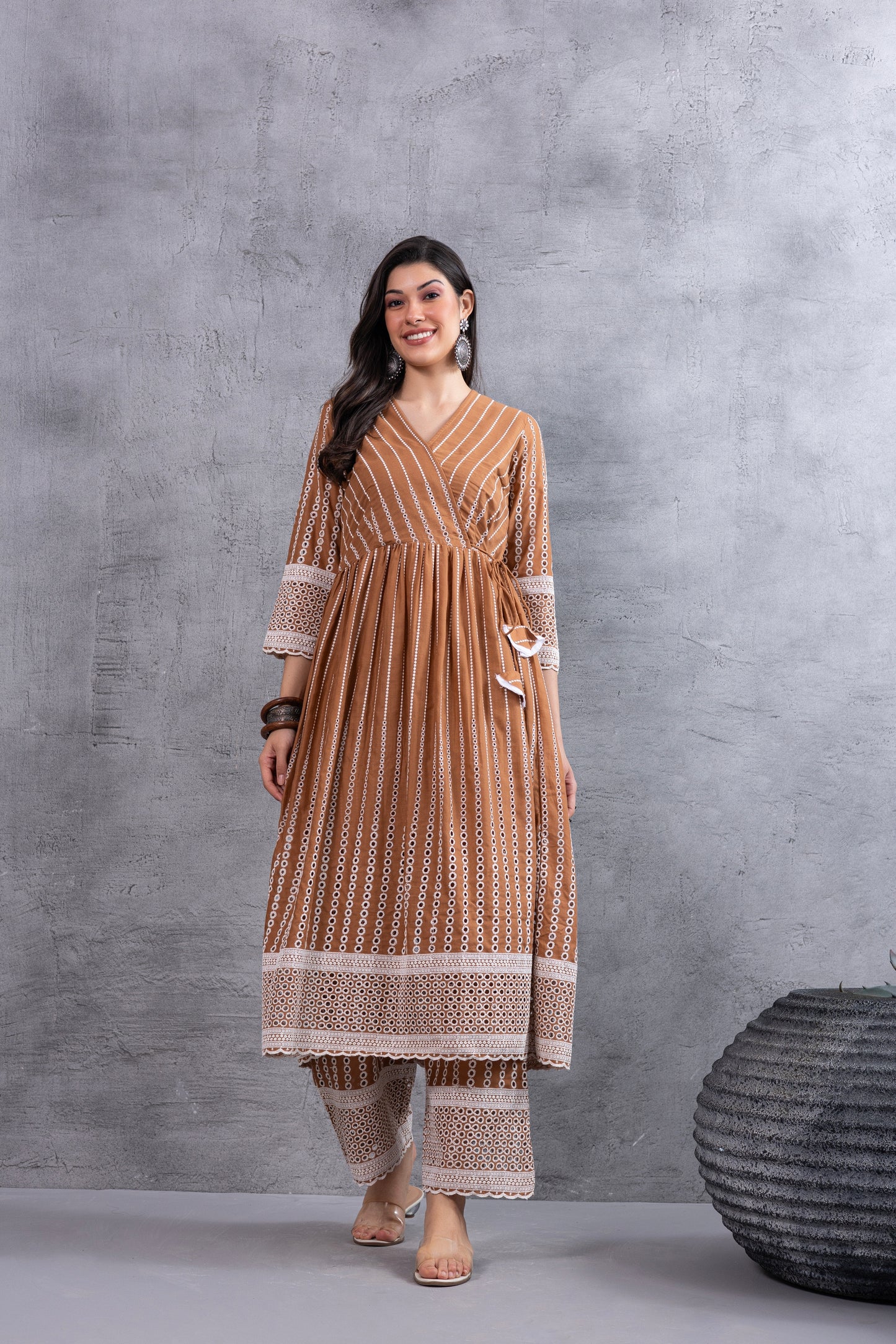 Caramel Brown Angrakha Style Chikankari Kurta set