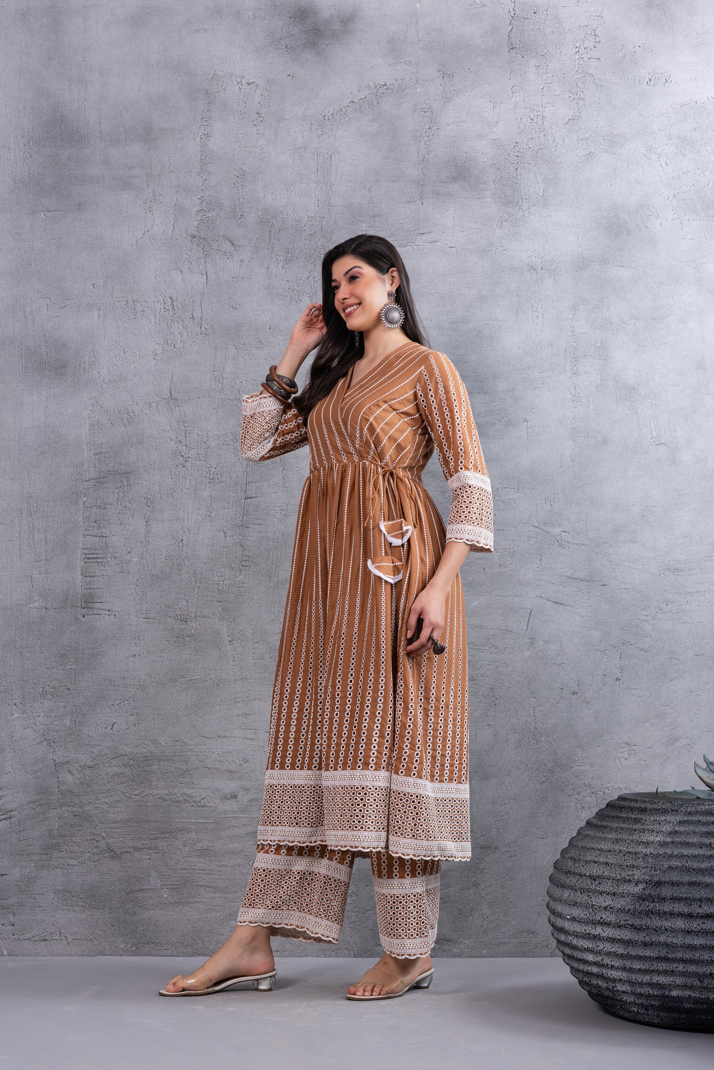 Caramel Brown Angrakha Style Chikankari Kurta set
