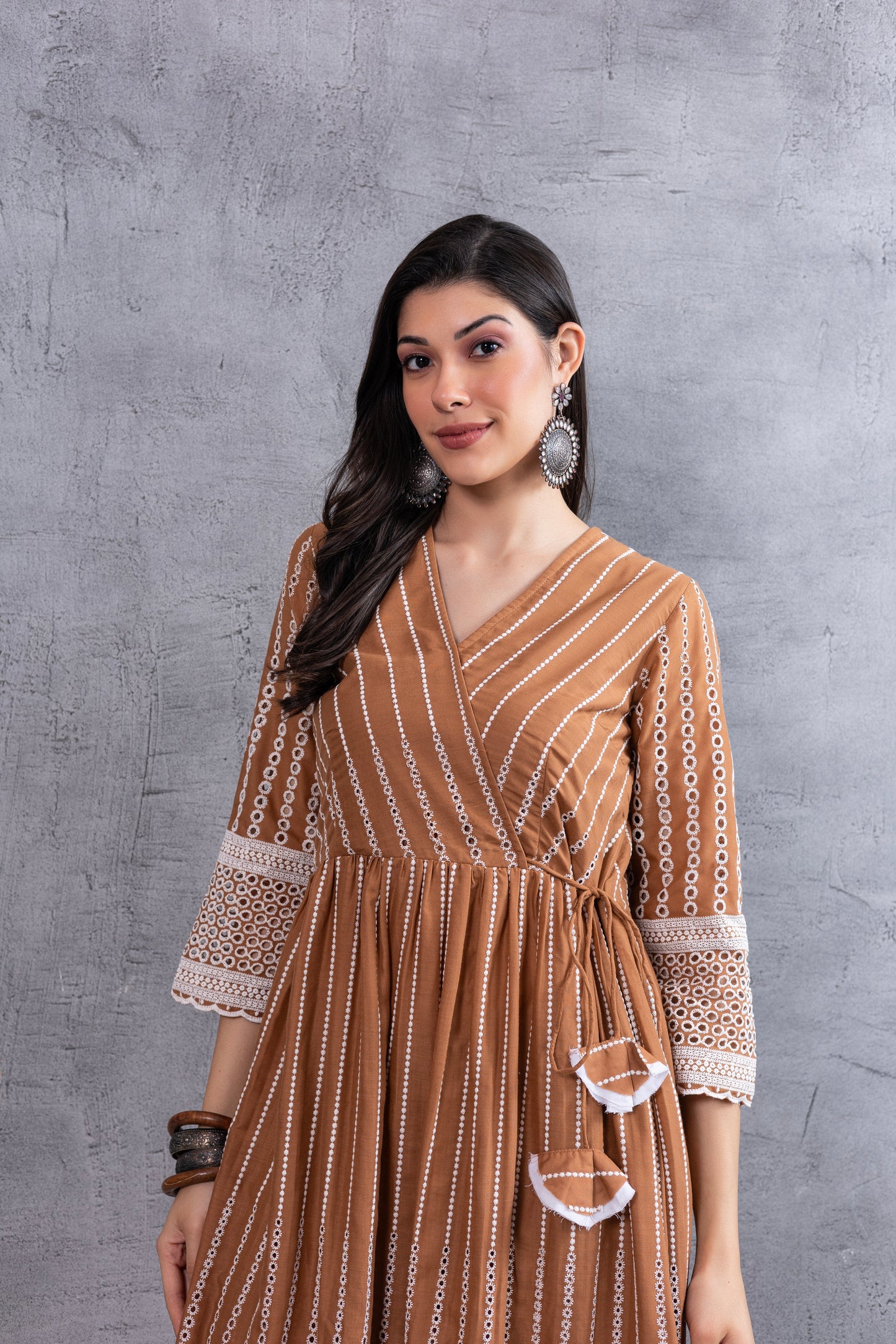 Caramel Brown Angrakha Style Chikankari Kurta set