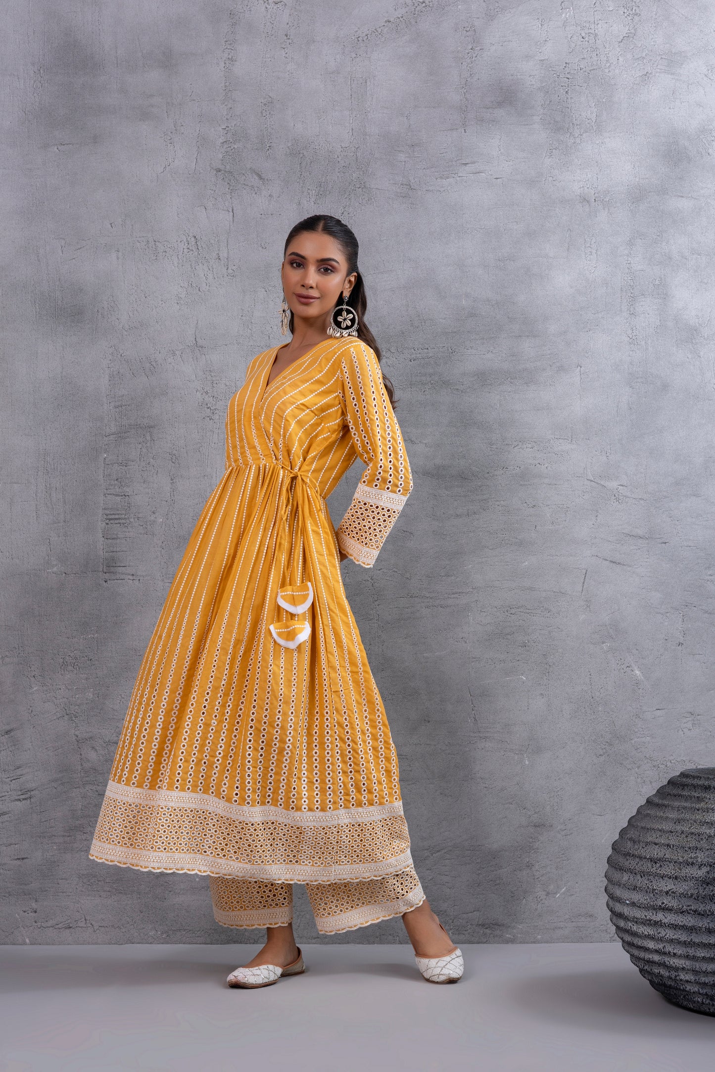 Mustard Angrakha Style Chikankari Kurta set