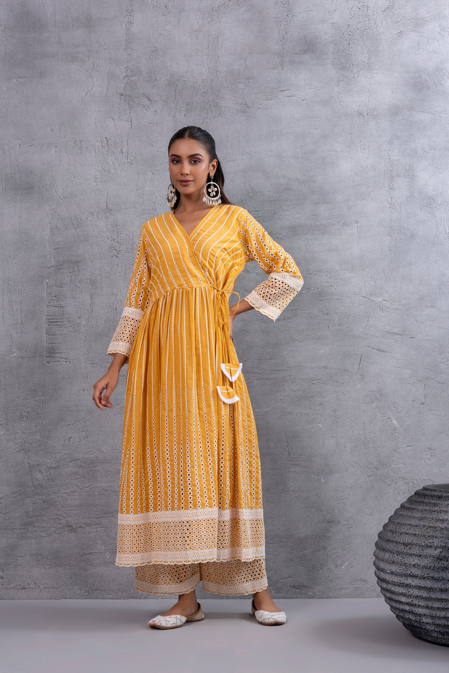 Mustard Angrakha Style Chikankari Kurta set