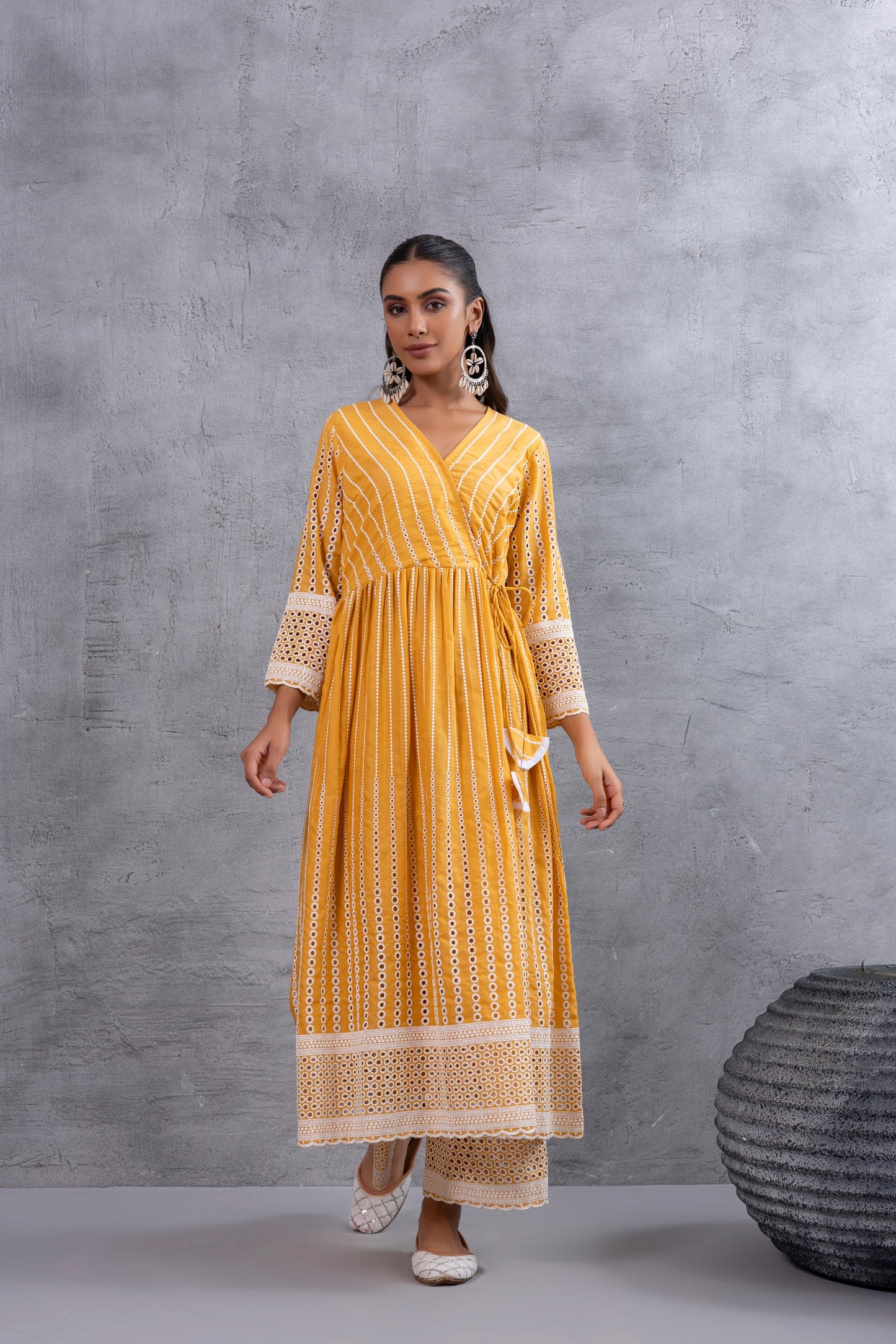 Mustard Angrakha Style Chikankari Kurta set