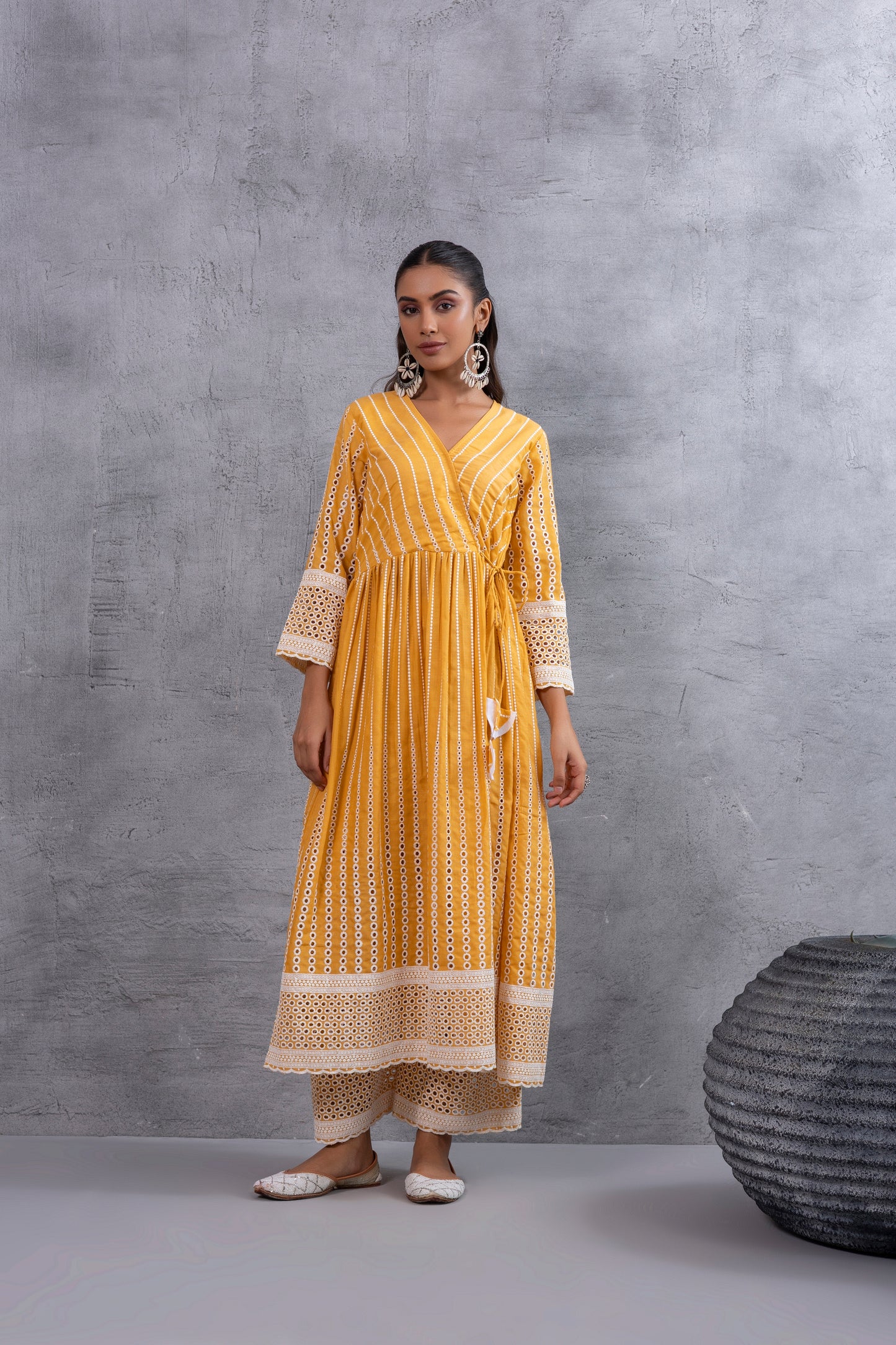 Mustard Angrakha Style Chikankari Kurta set