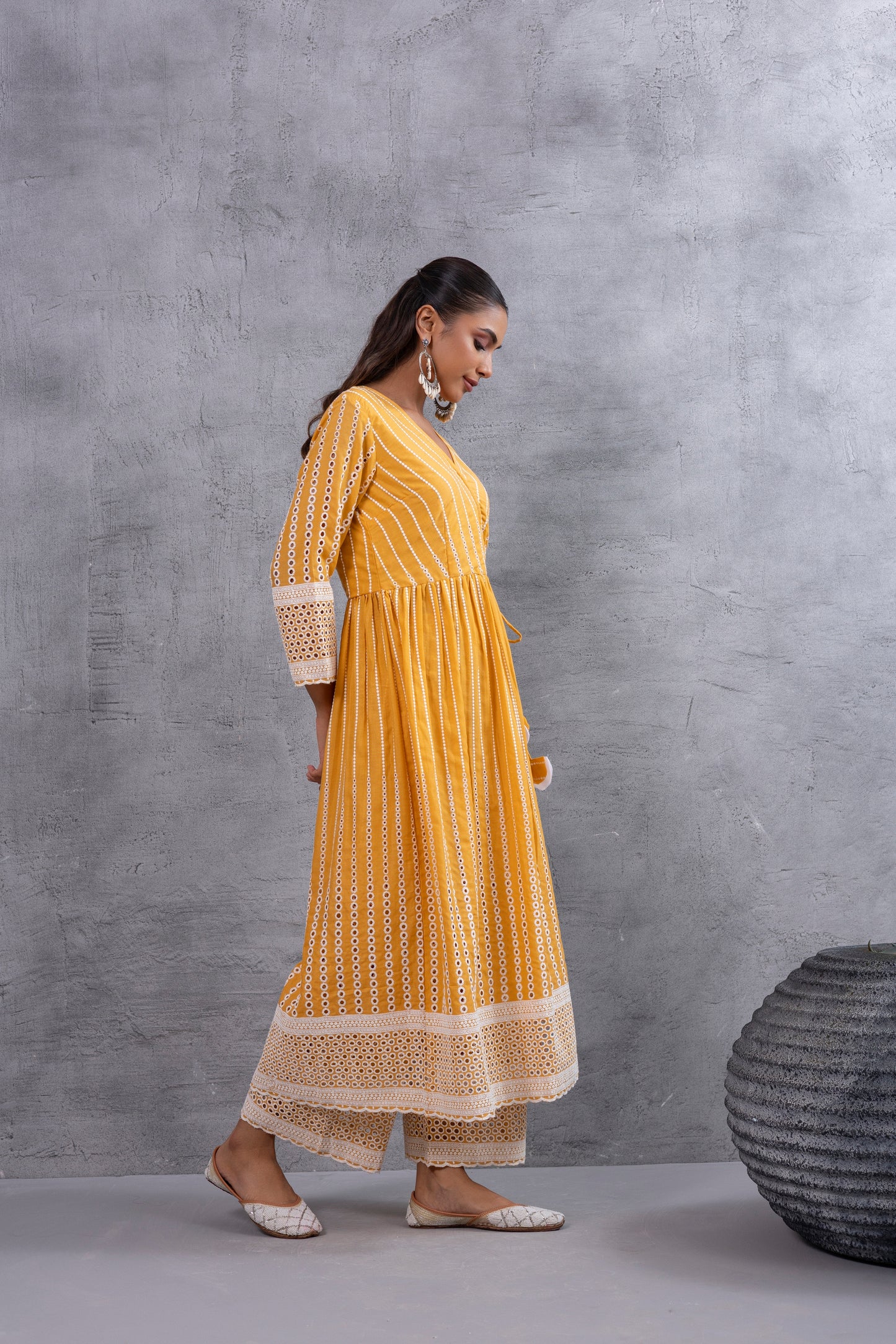 Mustard Angrakha Style Chikankari Kurta set