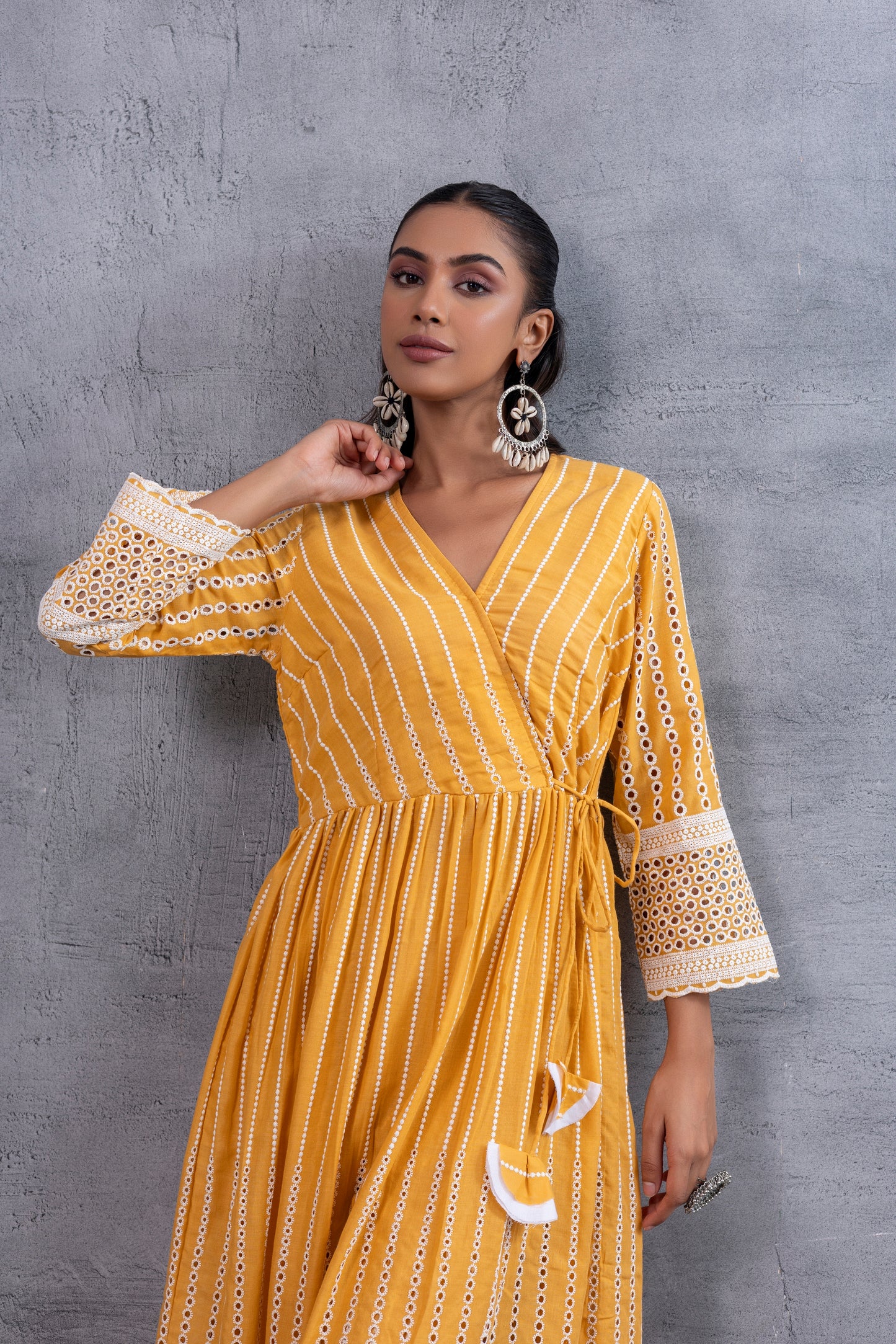 Mustard Angrakha Style Chikankari Kurta set