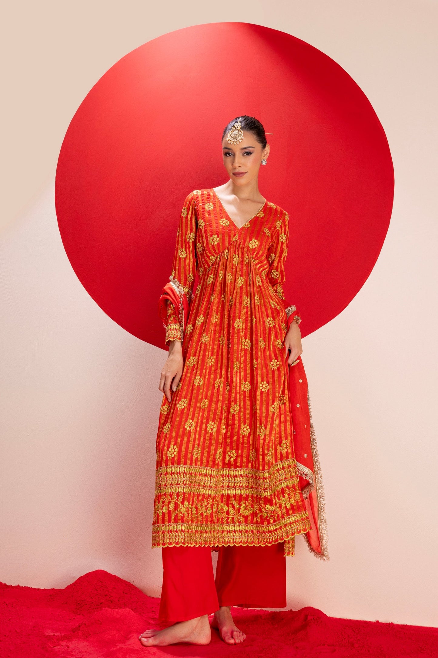 Red and Gold Viscose Silk Embroidered Suit Set