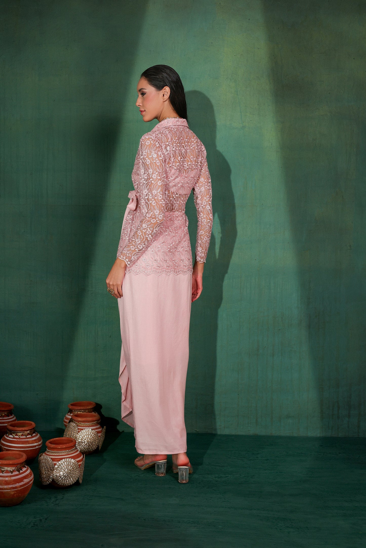Metalllic Pink Wrap Dhoti Skirt Fusion Set