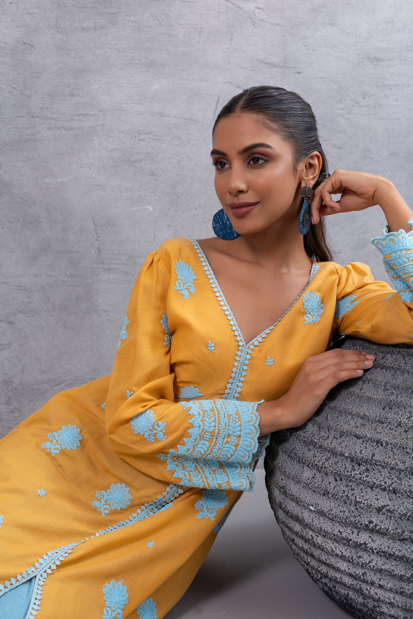 Honey Blue Floral Embroidered Kurta Set