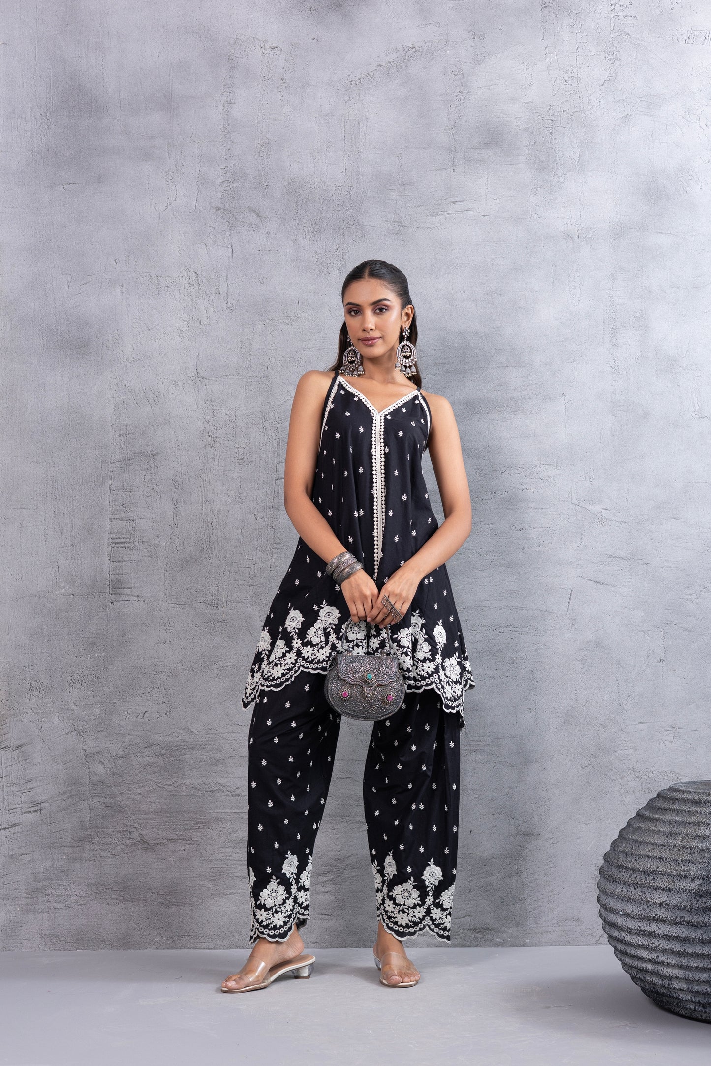 BLACK AND WHITE HALTER EMBROIDERED FARSHI SALWAR SET
