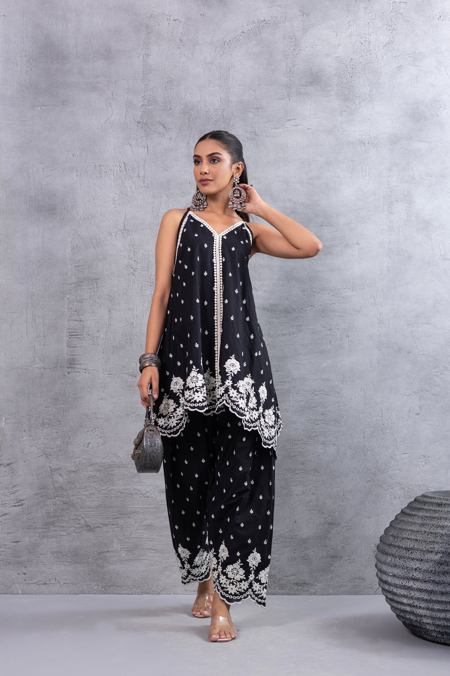 BLACK AND WHITE HALTER EMBROIDERED FARSHI SALWAR SET