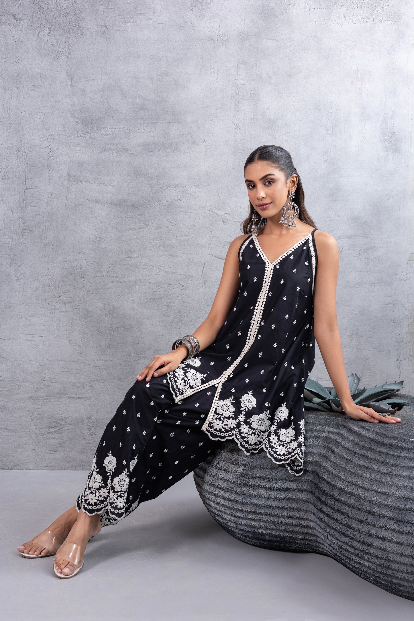 BLACK AND WHITE HALTER EMBROIDERED FARSHI SALWAR SET