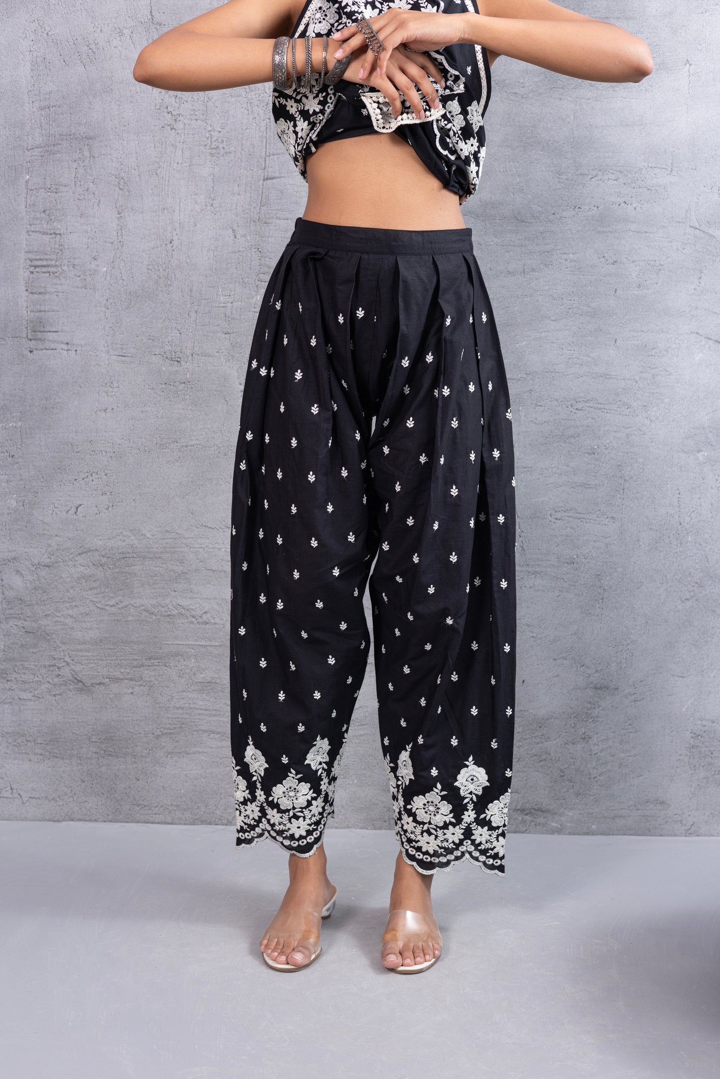 BLACK AND WHITE HALTER EMBROIDERED FARSHI SALWAR SET