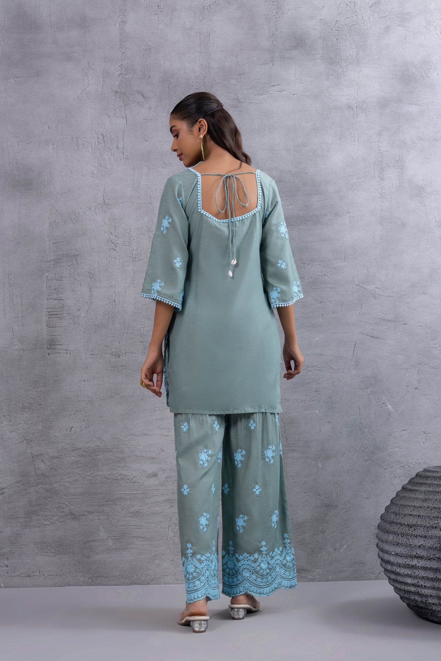 DUSTY BASIL GREEN BLUE EMBROIDERED SUIT SET