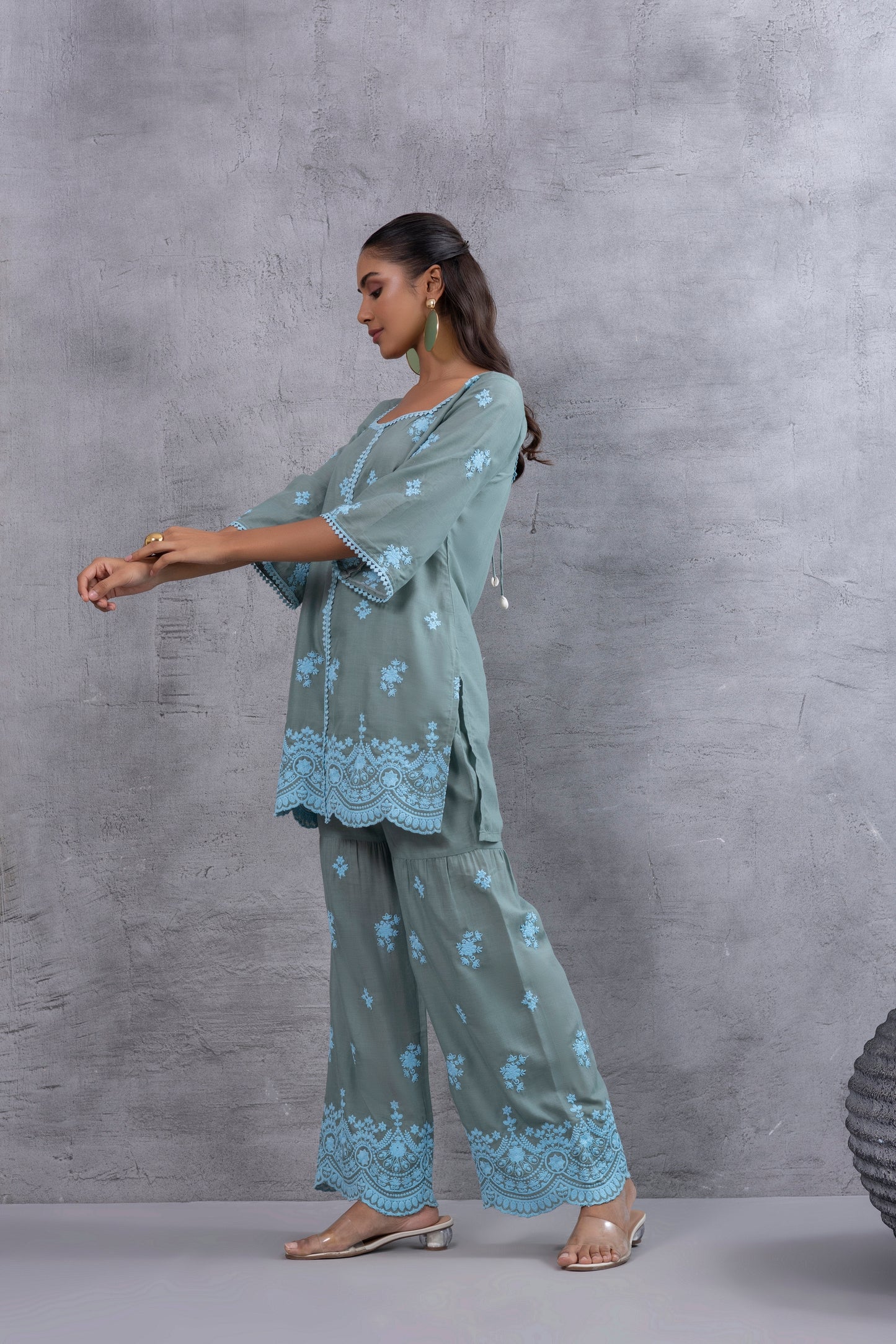 DUSTY BASIL GREEN BLUE EMBROIDERED SUIT SET