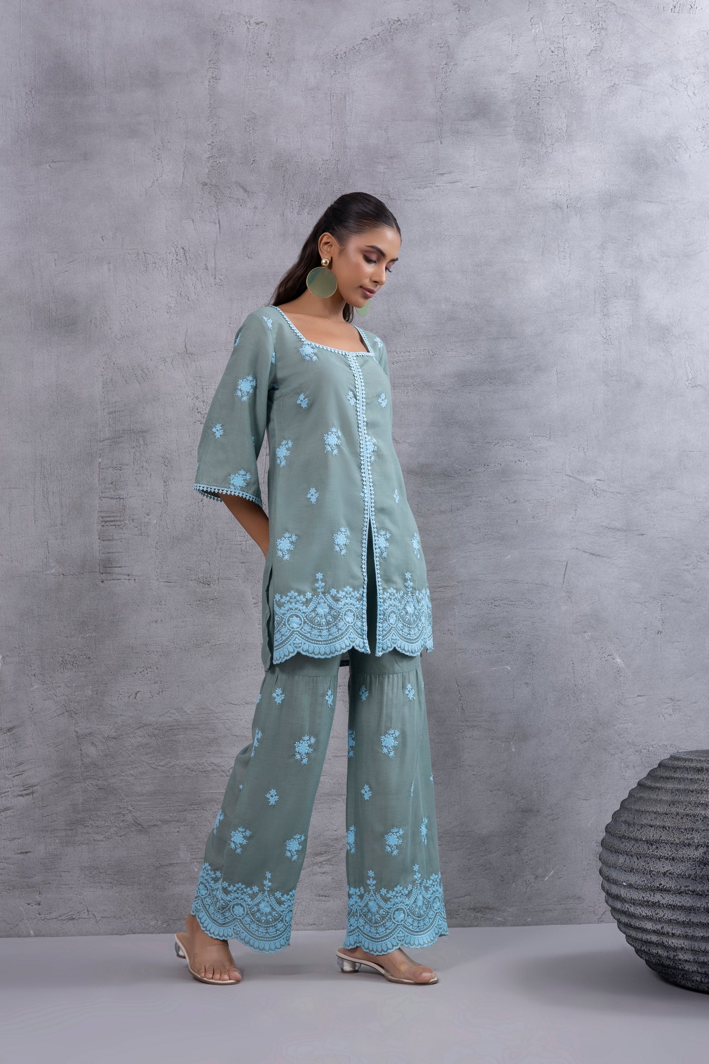 DUSTY BASIL GREEN BLUE EMBROIDERED SUIT SET