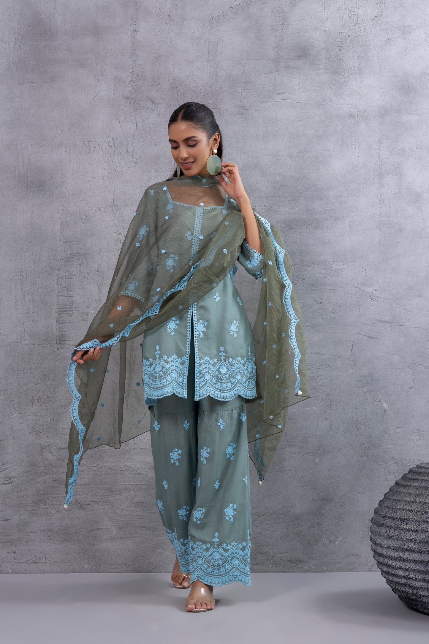 DUSTY BASIL GREEN BLUE EMBROIDERED SUIT SET
