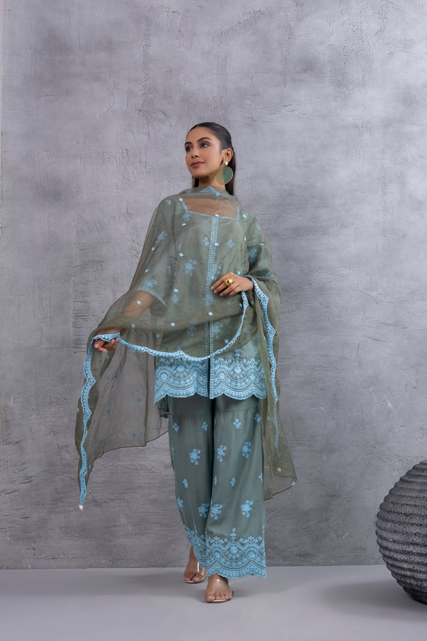 DUSTY BASIL GREEN BLUE EMBROIDERED SUIT SET