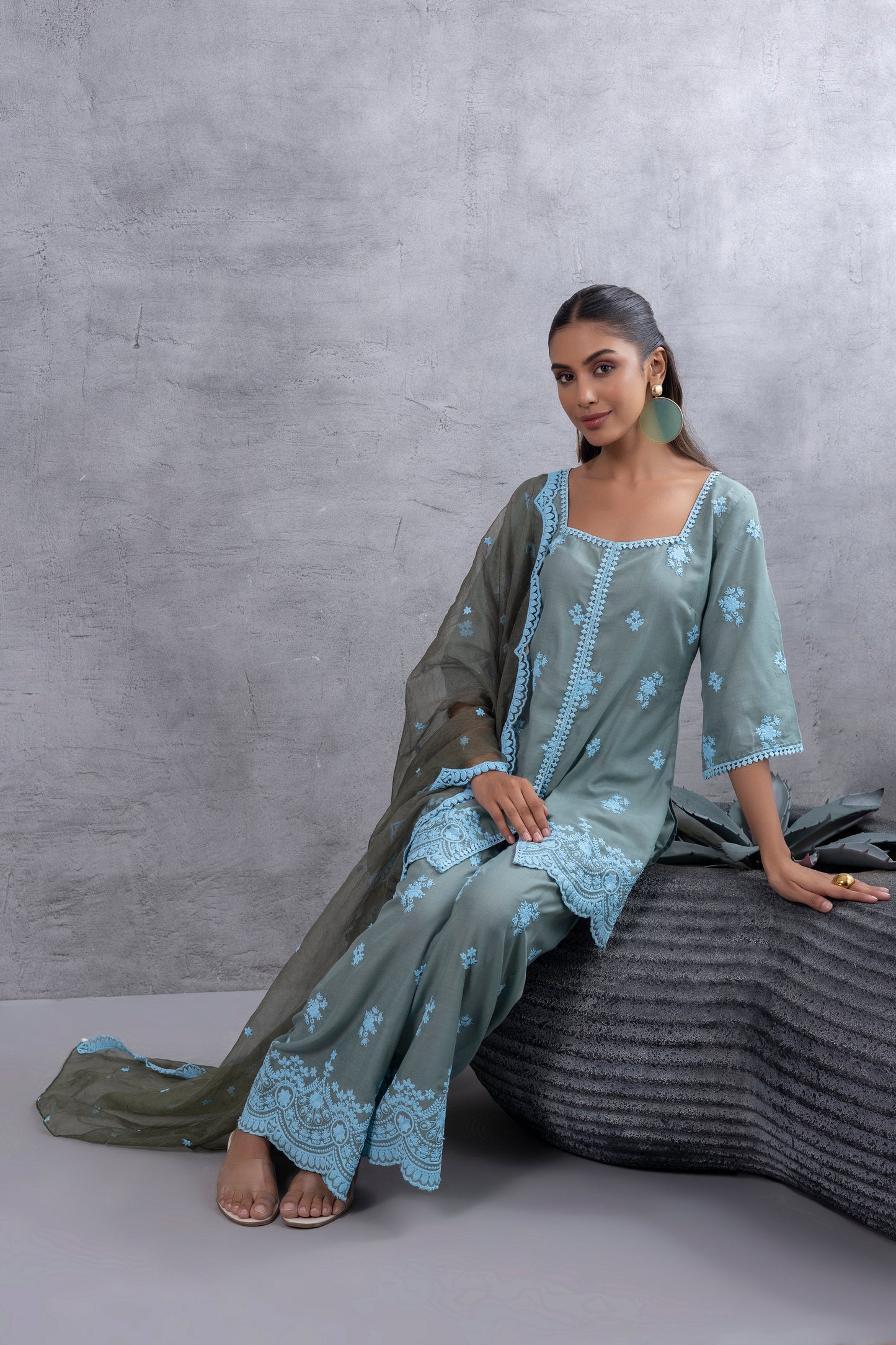 DUSTY BASIL GREEN BLUE EMBROIDERED SUIT SET