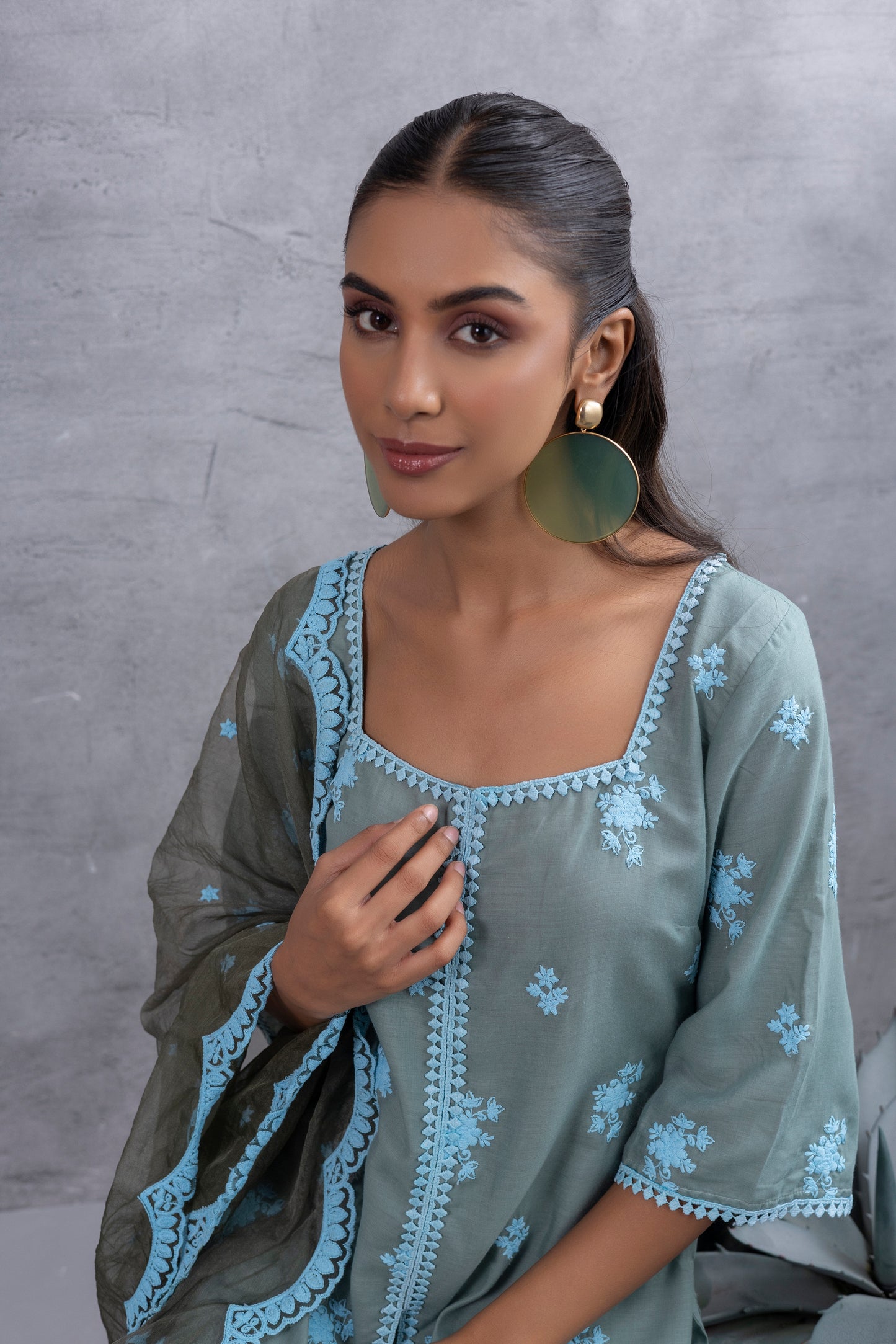 DUSTY BASIL GREEN BLUE EMBROIDERED SUIT SET
