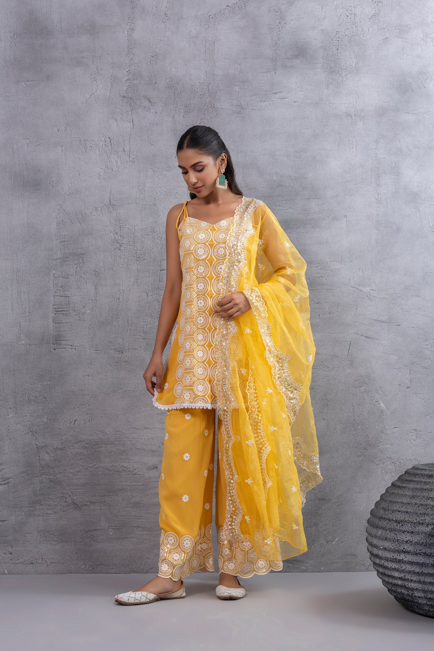 Sunshine Yellow and white Embroidered Sequence Halter Suit Set