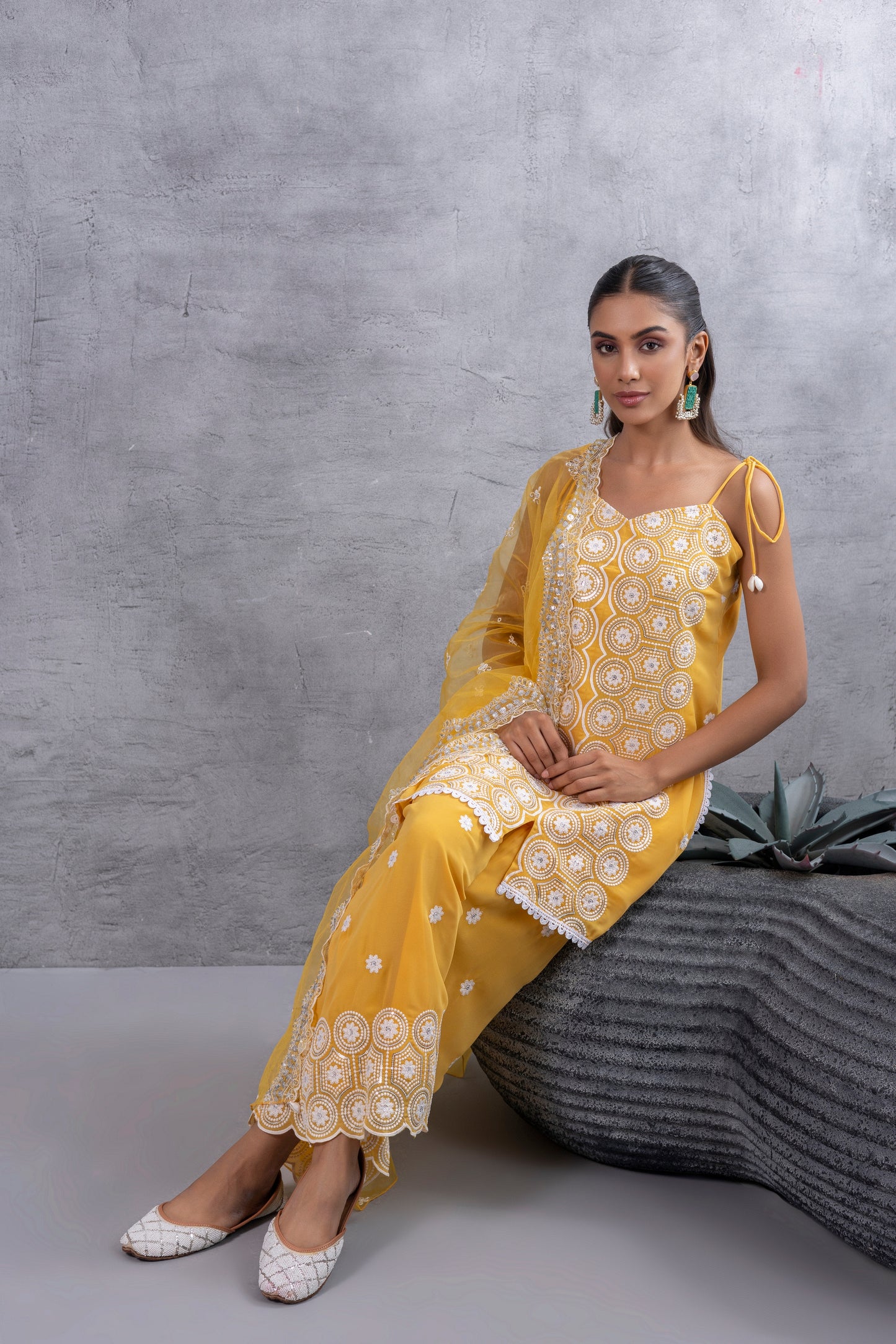 Sunshine Yellow and white Embroidered Sequence Halter Suit Set