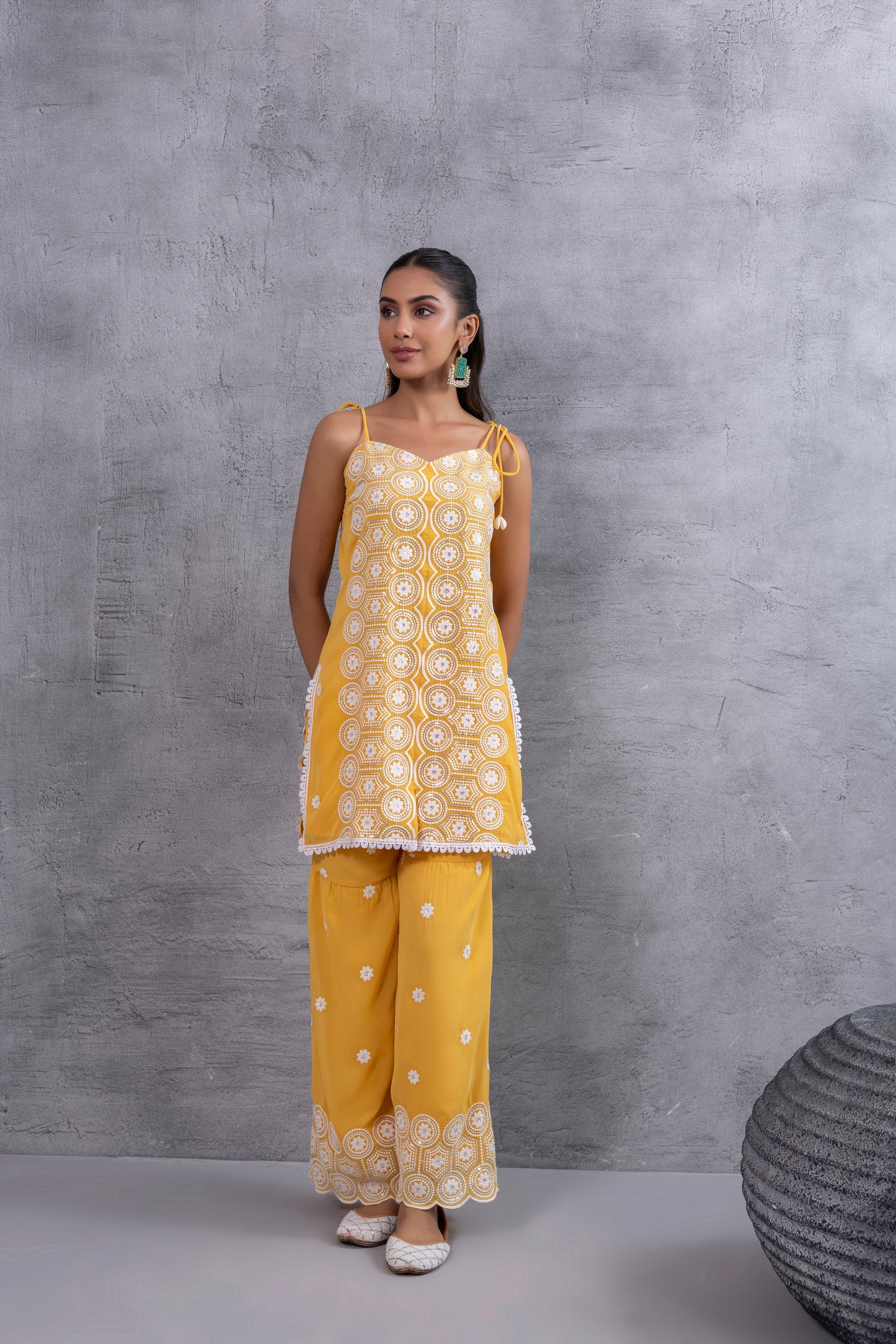 Sunshine Yellow and white Embroidered Sequence Halter Suit Set