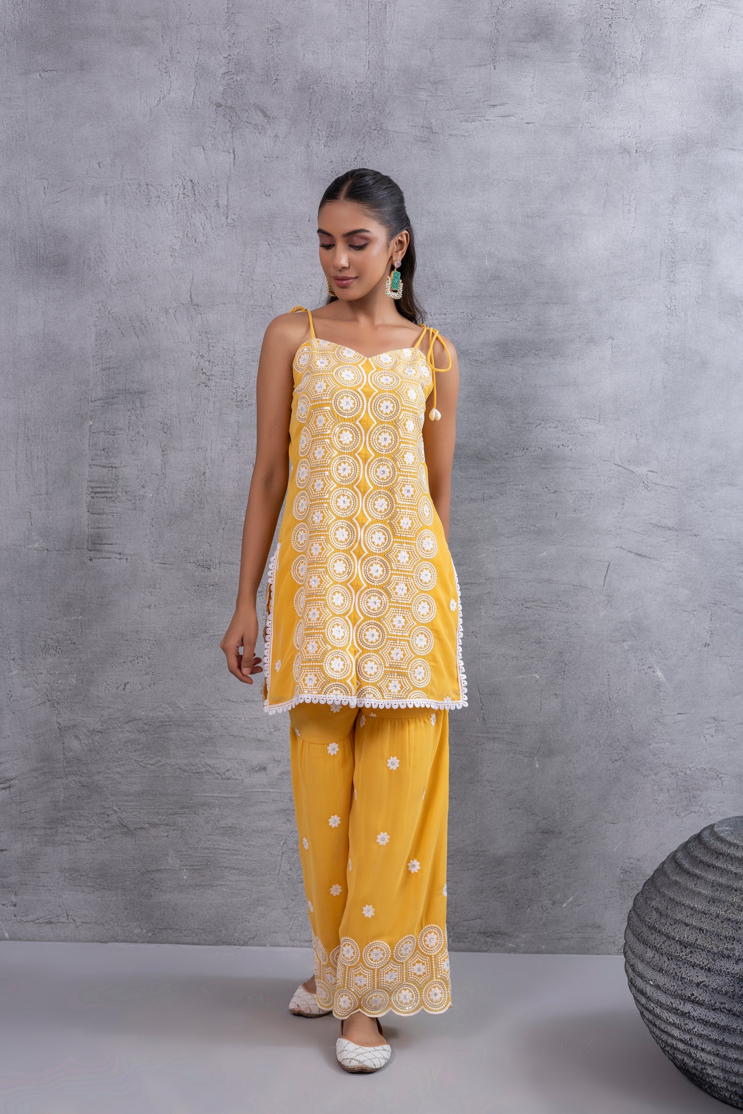 Sunshine Yellow and white Embroidered Sequence Halter Suit Set