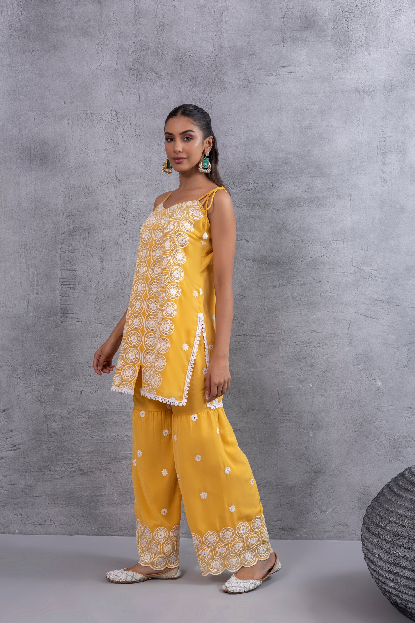 Sunshine Yellow and white Embroidered Sequence Halter Suit Set