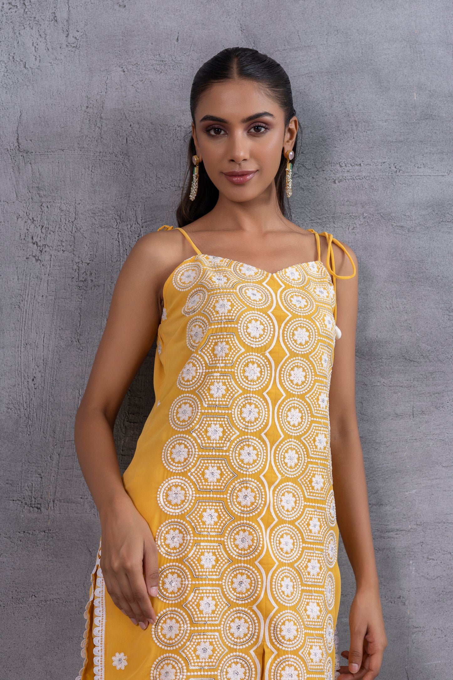 Sunshine Yellow and white Embroidered Sequence Halter Suit Set