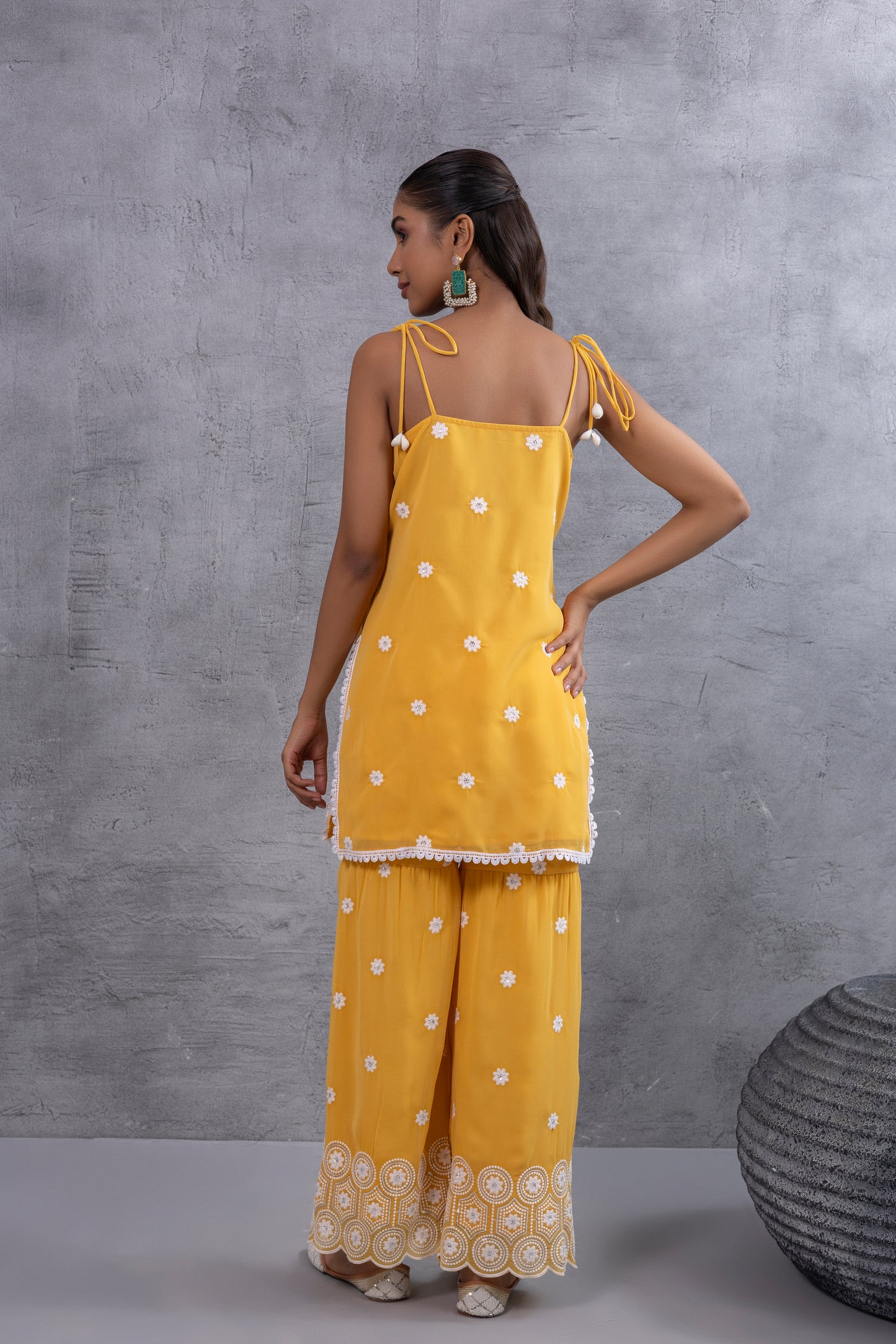 Sunshine Yellow and white Embroidered Sequence Halter Suit Set