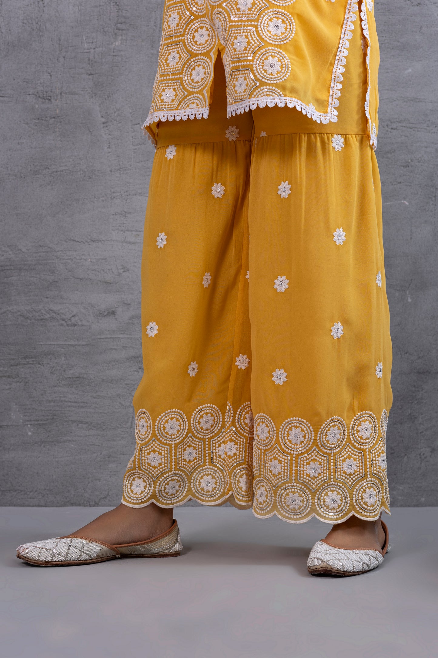 Sunshine Yellow and white Embroidered Sequence Halter Suit Set