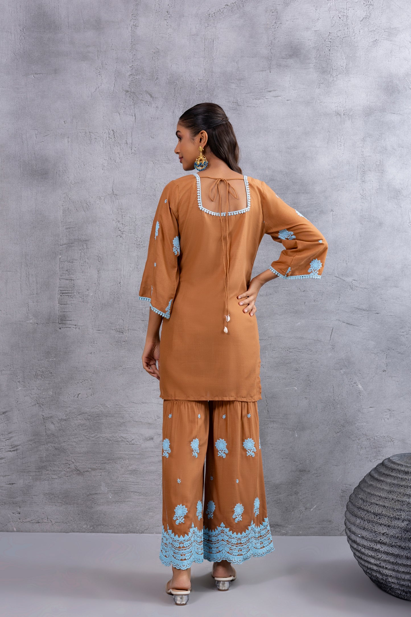 CHOCALATE BROWN WITH BLUE EMBROIDERY SUIT SET