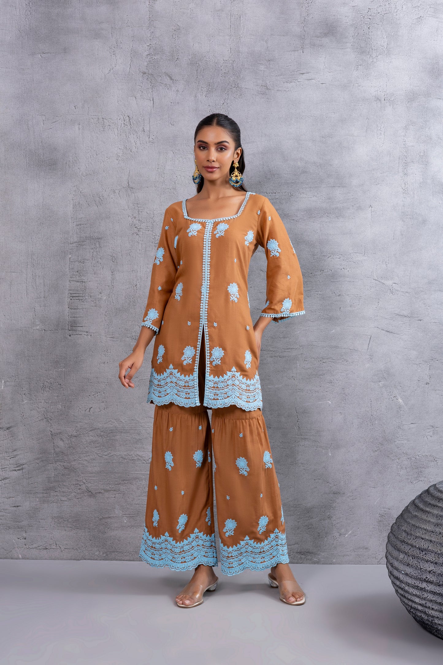 CHOCALATE BROWN WITH BLUE EMBROIDERY SUIT SET