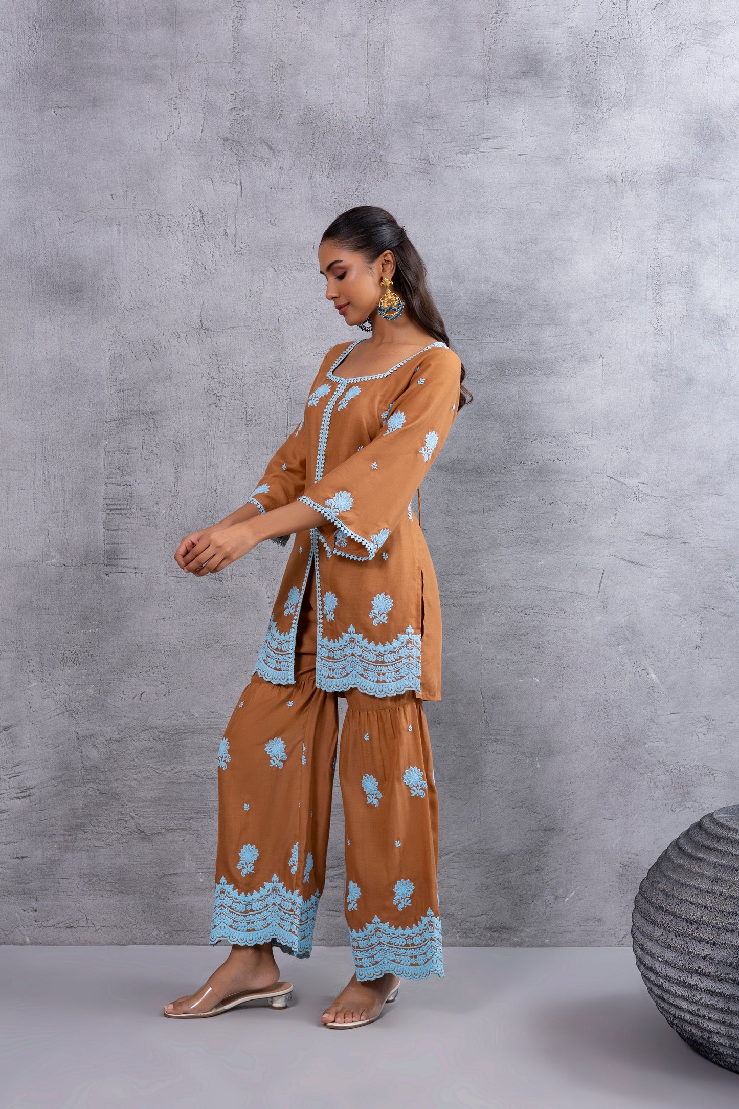 CHOCALATE BROWN WITH BLUE EMBROIDERY SUIT SET
