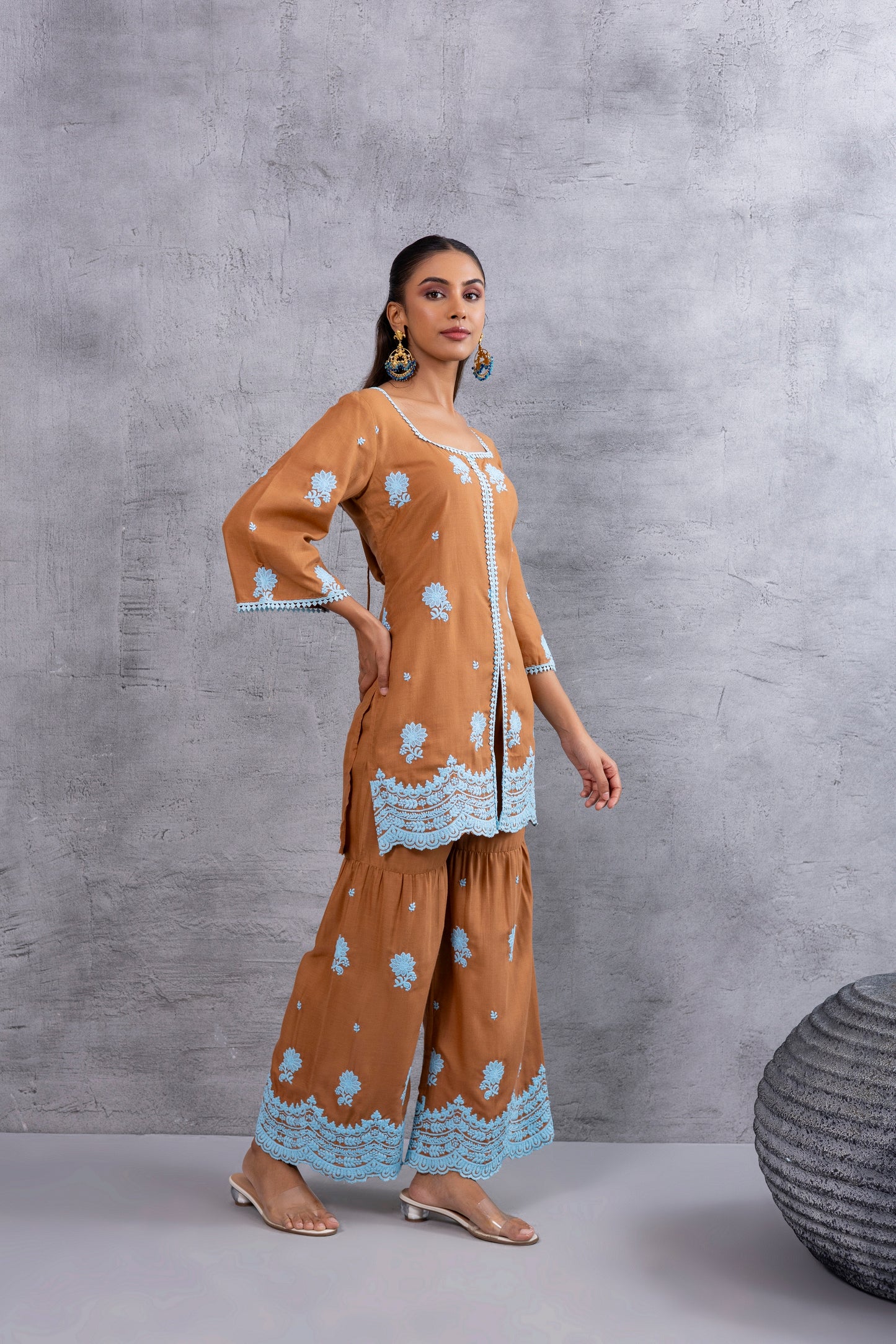 CHOCALATE BROWN WITH BLUE EMBROIDERY SUIT SET